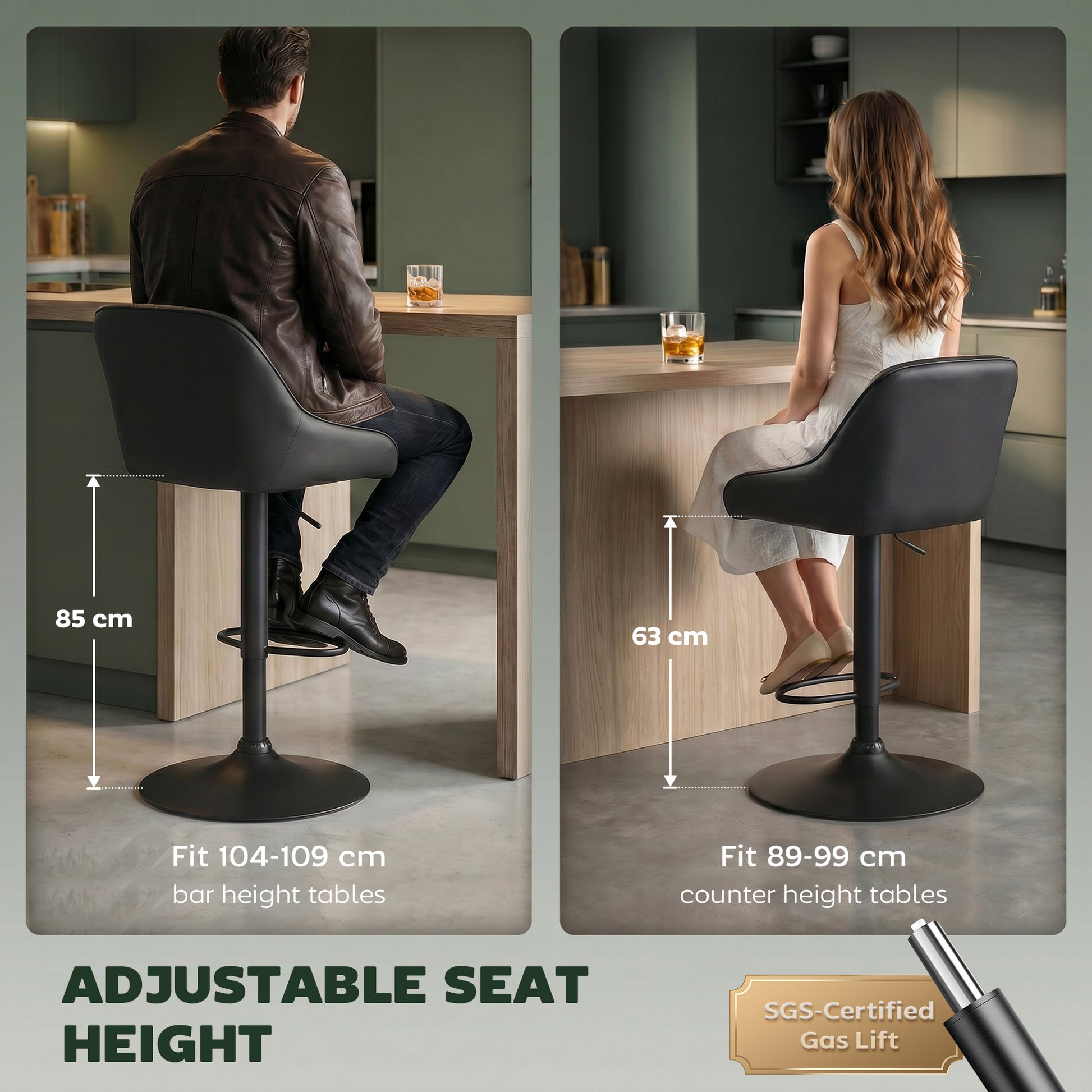 Bar Stools Adjustable Swivel Kitchen Chairs with Backrest Set of 2 for Kitchen Island Black-Home Furnishings > Kitchen & Dining Furniture > Bar Stools-DECOROLALA
