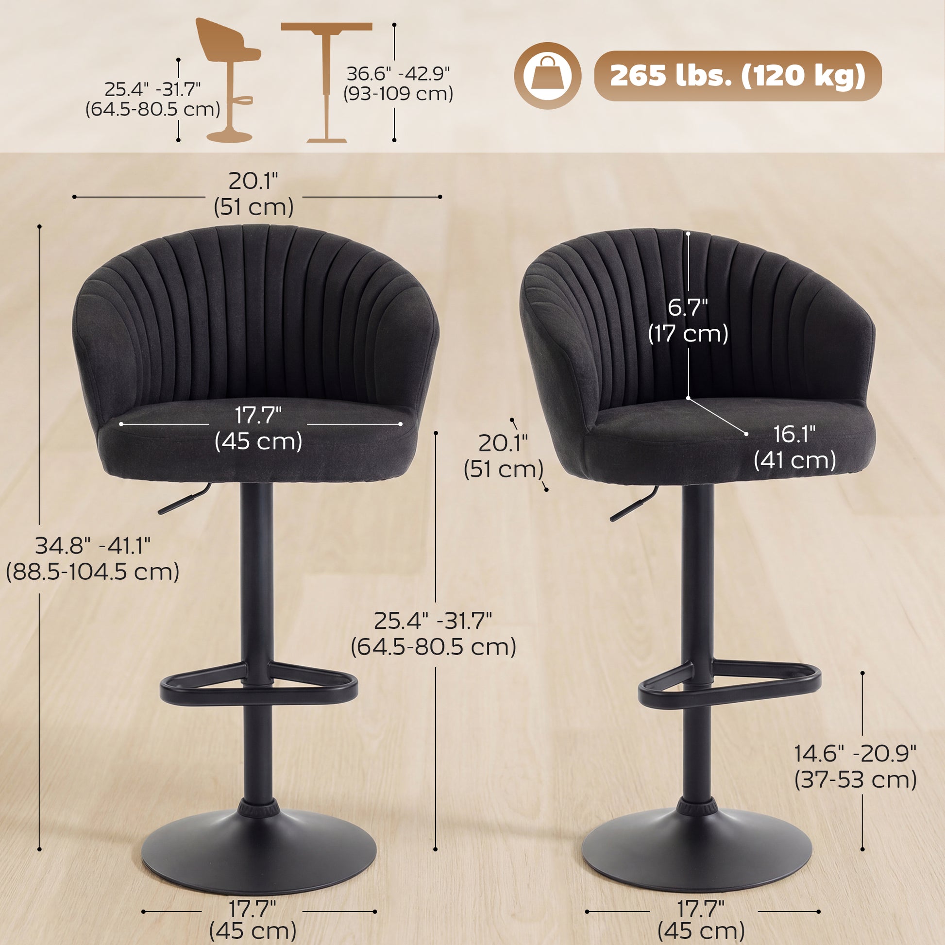 Bar Stools Set of 2 - Black Adjustable Swivel-DECOROLALA