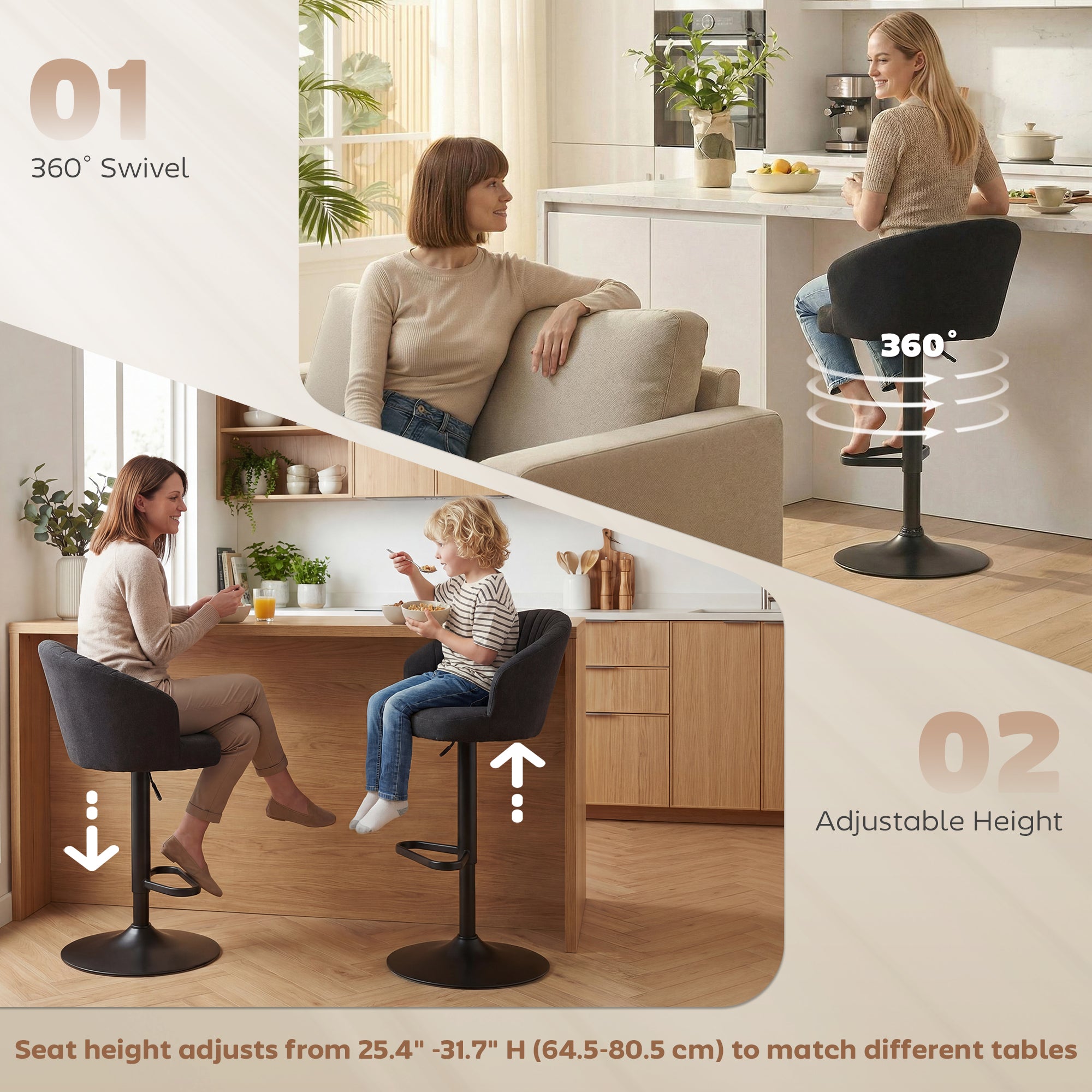 Bar Stools Set of 2 - Black Adjustable Swivel-DECOROLALA