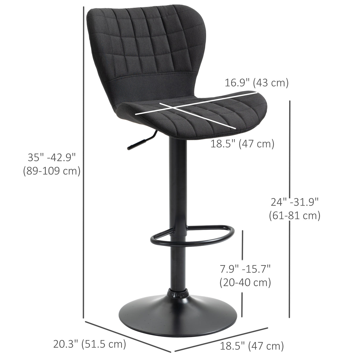Bar Stools Set of 2 - Black Linen Adjustable Swivel Chairs-Home Furnishings > Kitchen & Dining Furniture > Bar Stools-DECOROLALA