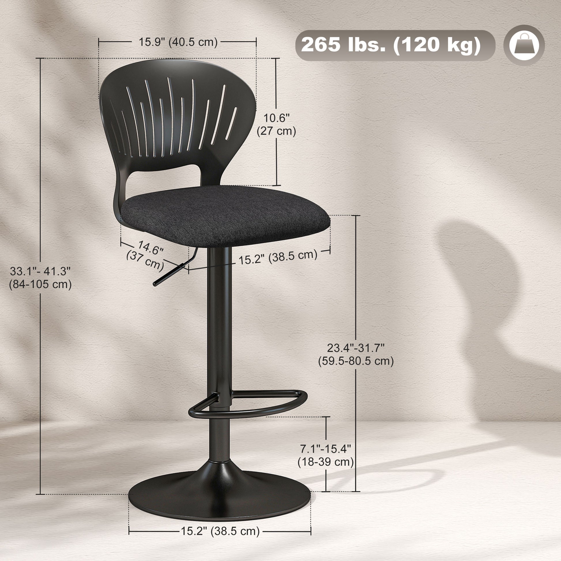 Bar Stools Set of 2, Modern Swivel Counter Height Barstools with Footrest and Hollow Backrest, Black-Home Furnishings > Kitchen & Dining Furniture > Bar Stools-DECOROLALA