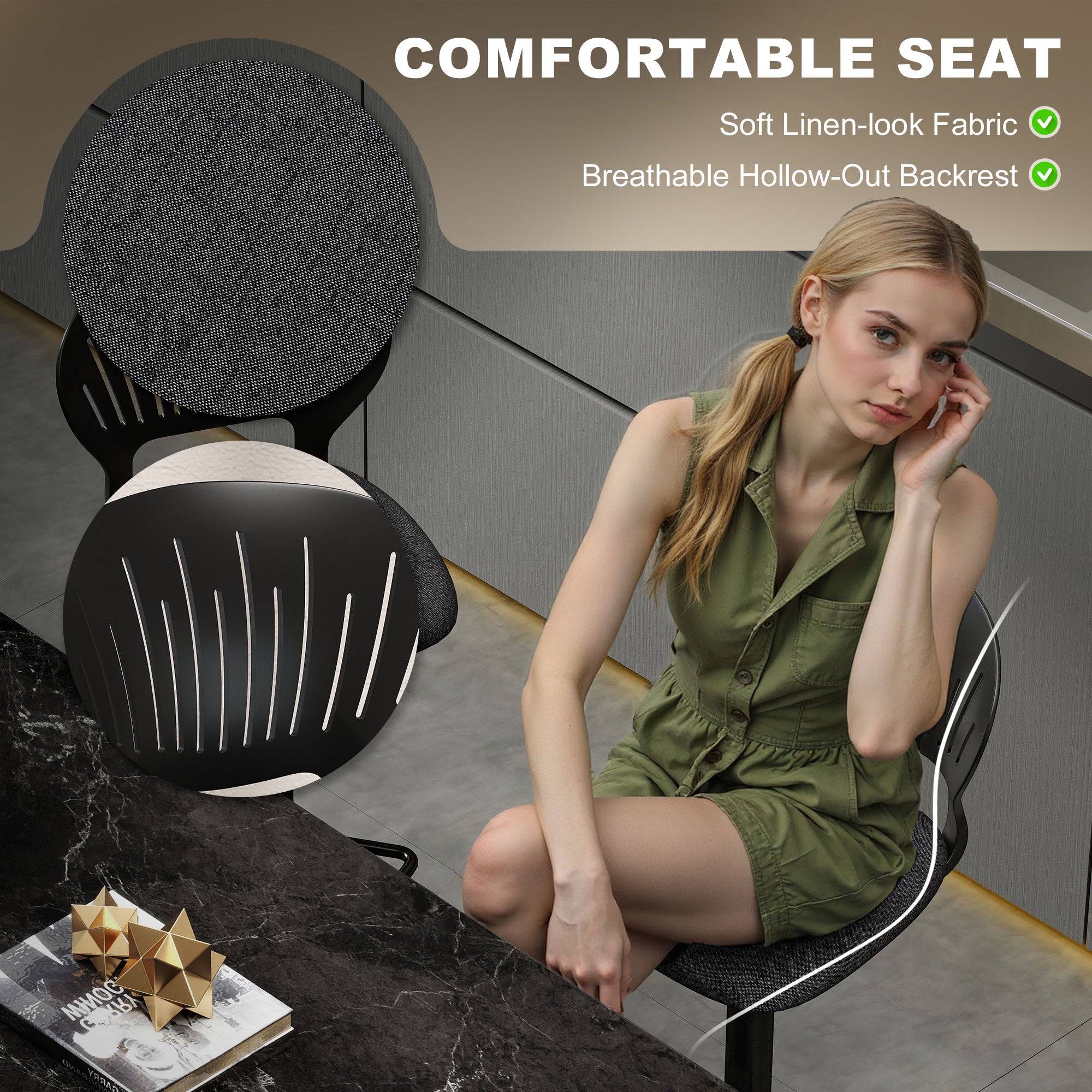 Bar Stools Set of 2, Modern Swivel Counter Height Barstools with Footrest and Hollow Backrest, Black-Home Furnishings > Kitchen & Dining Furniture > Bar Stools-DECOROLALA
