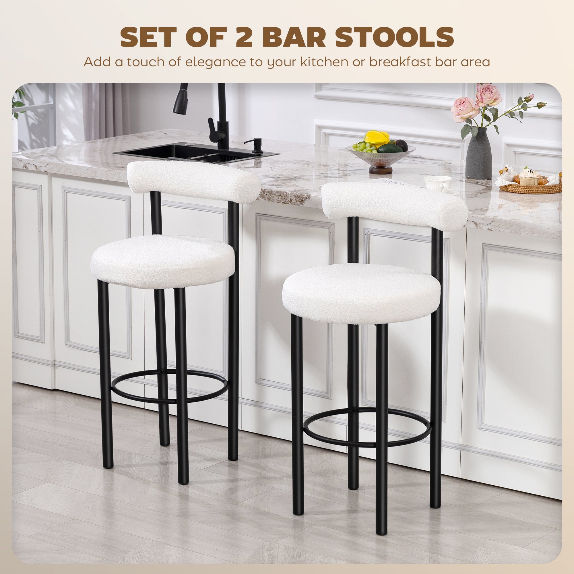 Bar Stools Set of 2, Sherpa Upholstered Barstools with Backrest, Bar Height Stools with Footrest for Kitchen Island-Home Furnishings > Kitchen & Dining Furniture > Bar Stools-DECOROLALA