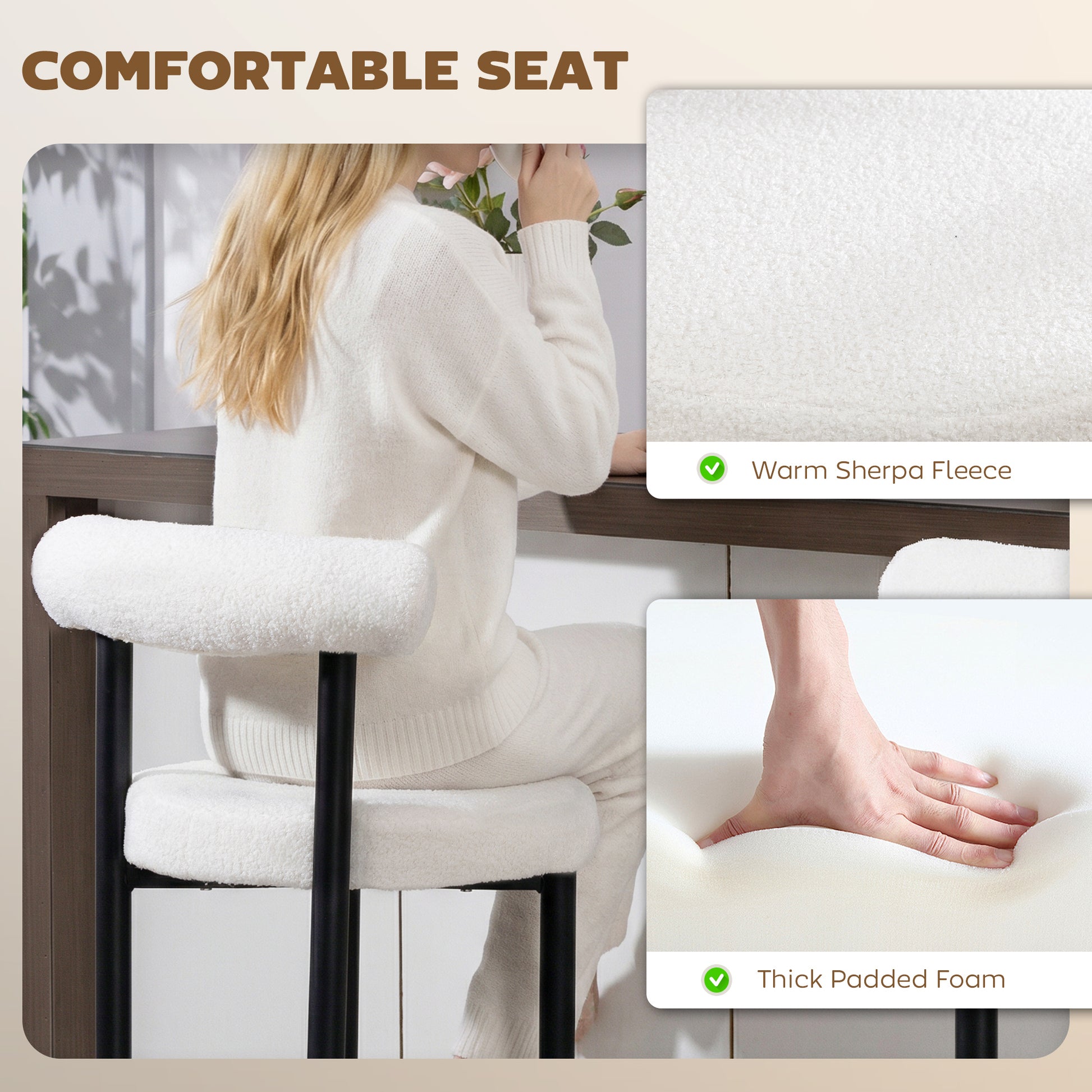 Bar Stools Set of 2, Sherpa Upholstered Barstools with Backrest, Bar Height Stools with Footrest for Kitchen Island-Home Furnishings > Kitchen & Dining Furniture > Bar Stools-DECOROLALA