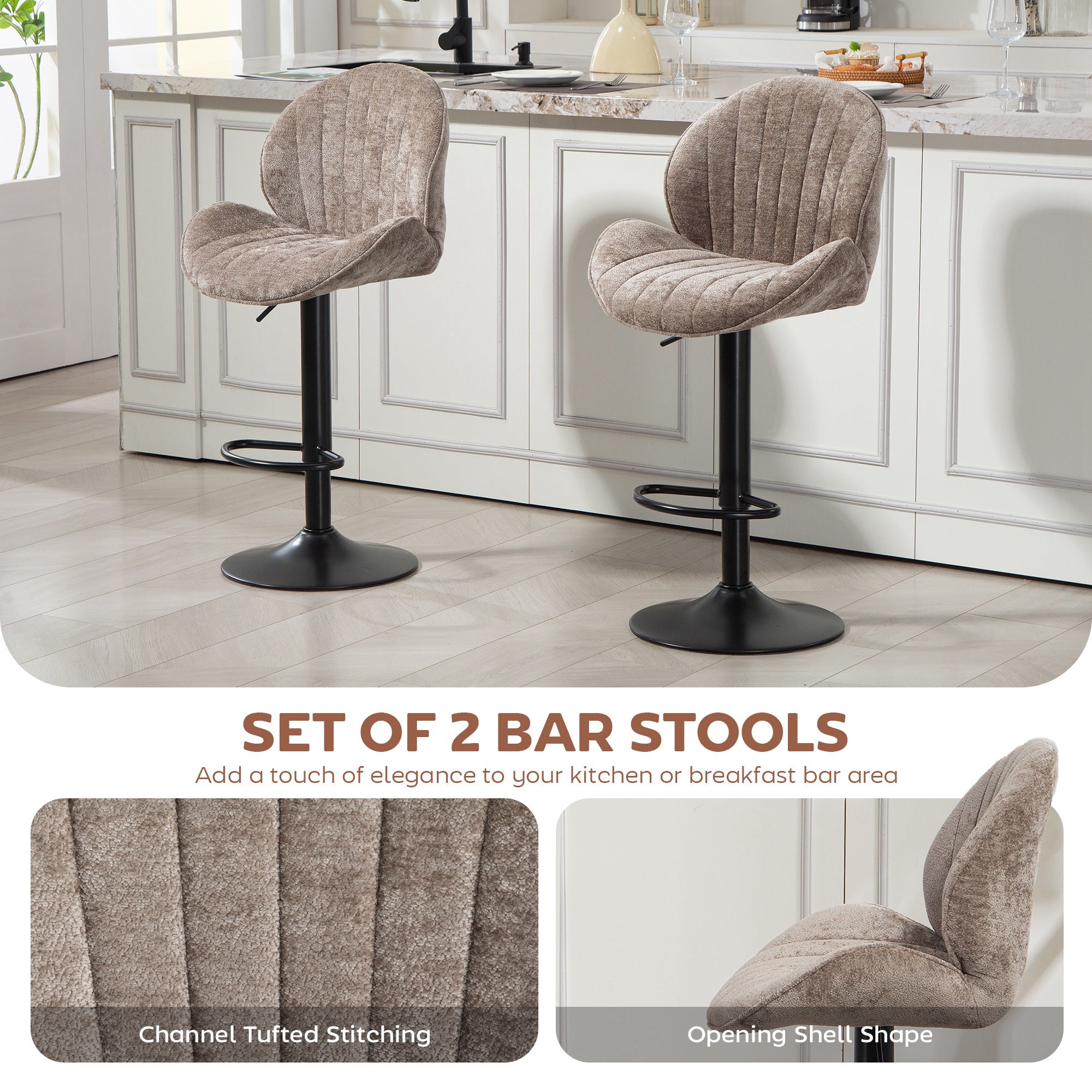 Bar Stools Set of 2, Swivel Barstools with Back, Adjustable Height and Footrest for Kitchen Island, Dining Room, Brown-Home Furnishings > Kitchen & Dining Furniture > Bar Stools-DECOROLALA