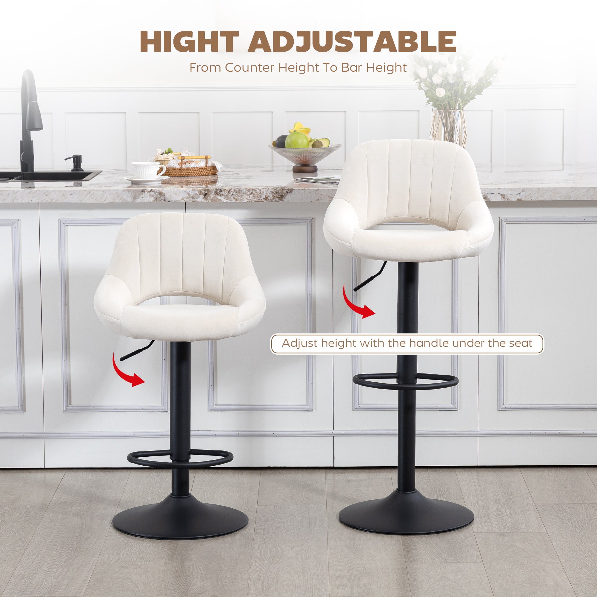 Bar Stools Set of 2, Swivel Counter Height Barstools with Adjustable Height and Cutout Back, Velvet Upholstered Bar Chairs with Round Metal Base and Footrest, Cream-Home Furnishings > Kitchen & Dining Furniture > Bar Stools-DECOROLALA