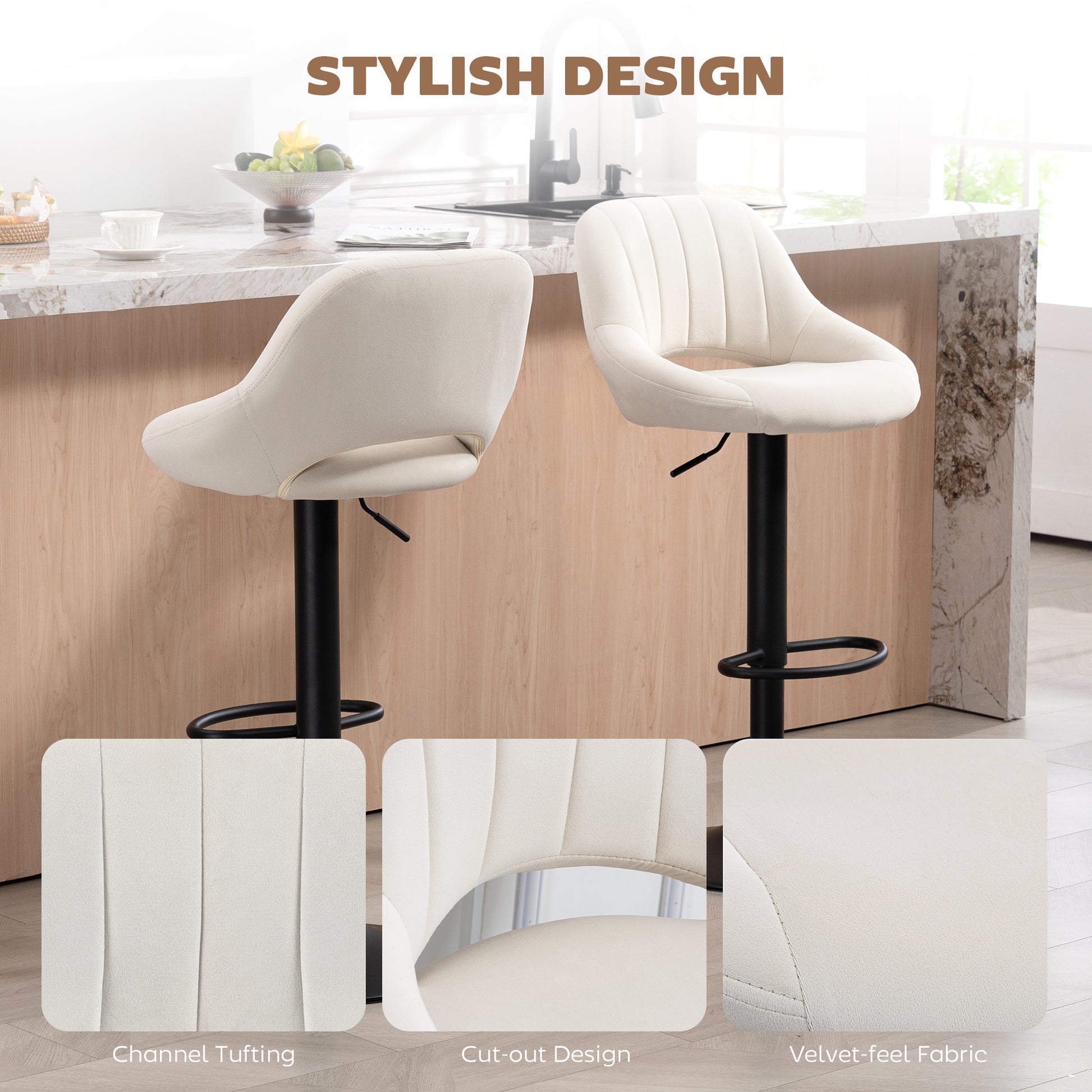 Bar Stools Set of 2, Swivel Counter Height Barstools with Adjustable Height and Cutout Back, Velvet Upholstered Bar Chairs with Round Metal Base and Footrest, Cream-Home Furnishings > Kitchen & Dining Furniture > Bar Stools-DECOROLALA