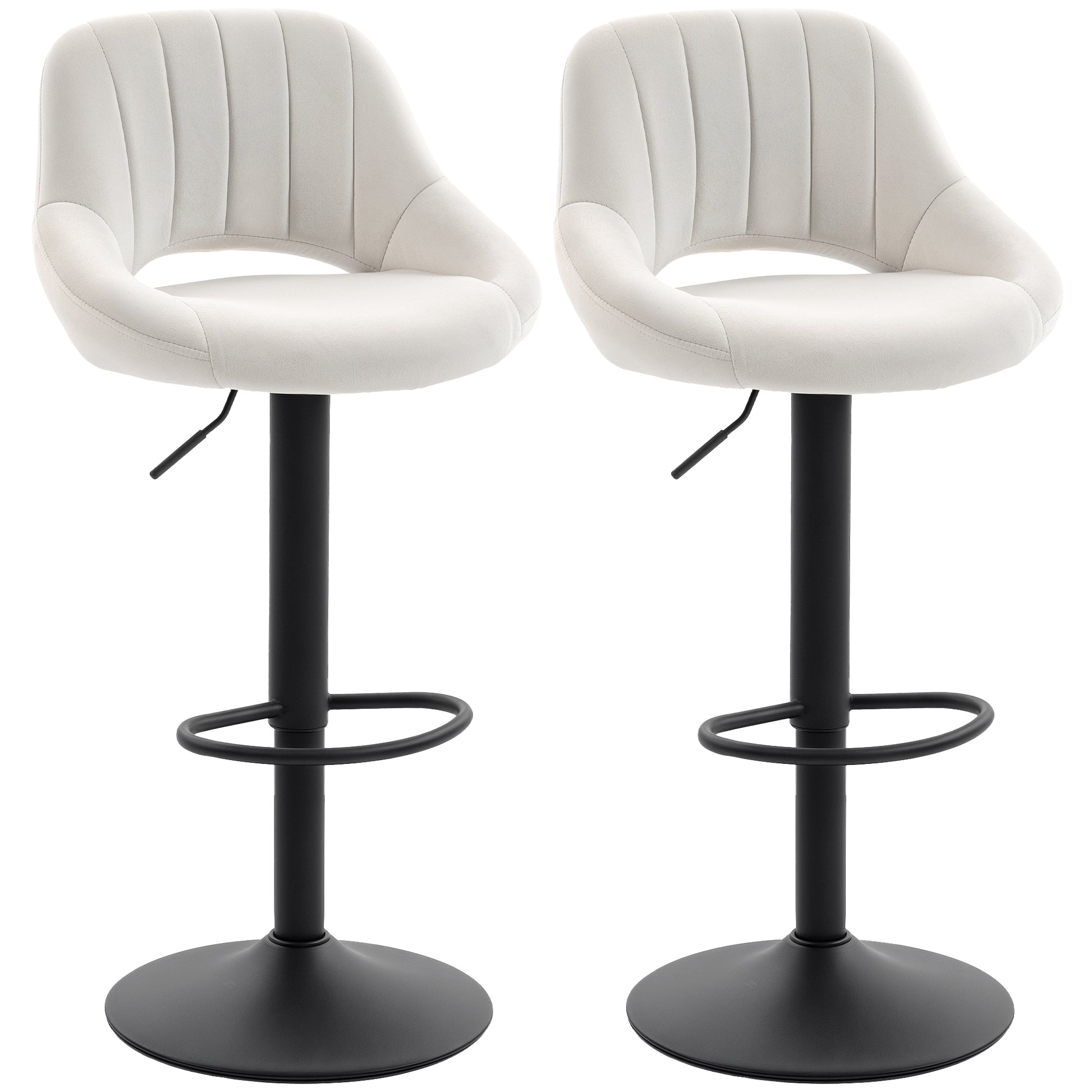 Bar Stools Set of 2, Swivel Counter Height Barstools with Adjustable Height and Cutout Back, Velvet Upholstered Bar Chairs with Round Metal Base and Footrest, Cream-Home Furnishings > Kitchen & Dining Furniture > Bar Stools-DECOROLALA