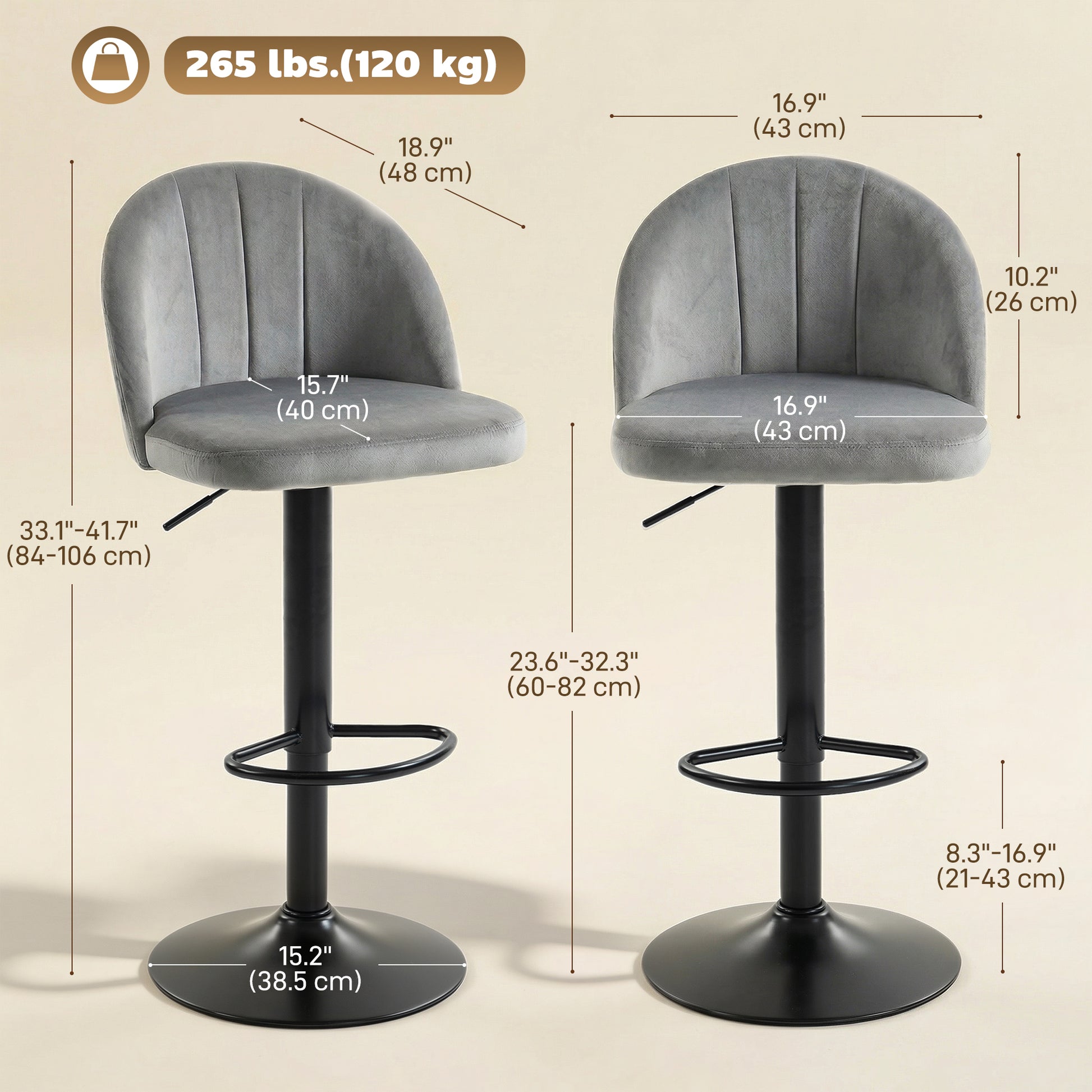 Bar Stools Set of 2, Swivel Counter Height Barstools with Footrest, Grey-Home Furnishings > Kitchen & Dining Furniture > Bar Stools-DECOROLALA