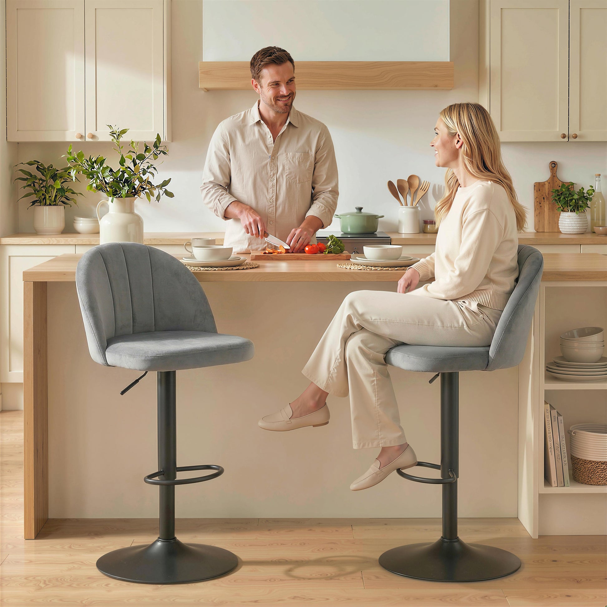Bar Stools Set of 2, Swivel Counter Height Barstools with Footrest, Grey-Home Furnishings > Kitchen & Dining Furniture > Bar Stools-DECOROLALA