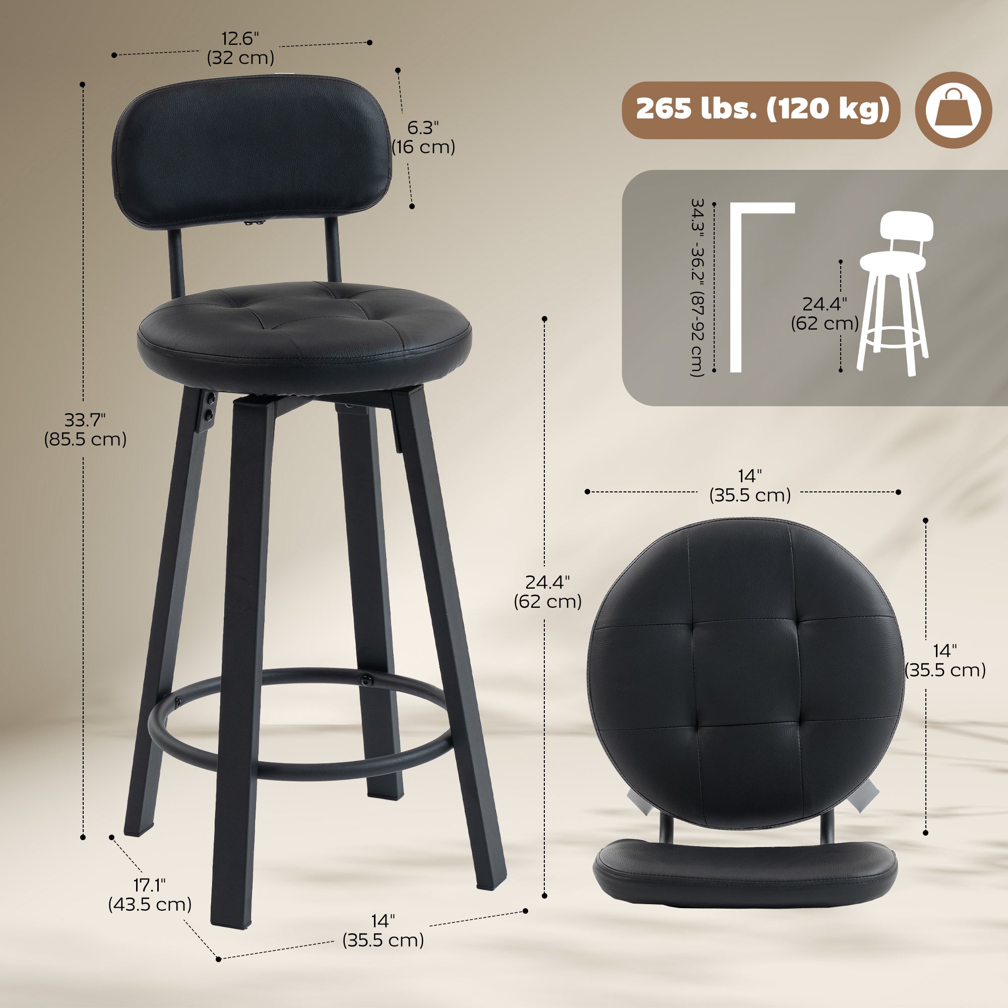 Bar Stools Set of 2, Upholstered Breakfast Bar Chairs with Footrest and Backrest for Kitchen Counter, Black-Home Furnishings > Kitchen & Dining Furniture > Bar Stools-DECOROLALA