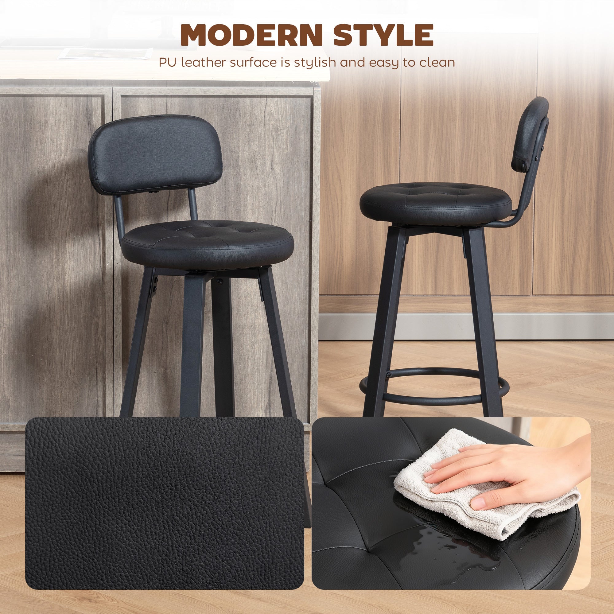 Bar Stools Set of 2, Upholstered Breakfast Bar Chairs with Footrest and Backrest for Kitchen Counter, Black-Home Furnishings > Kitchen & Dining Furniture > Bar Stools-DECOROLALA