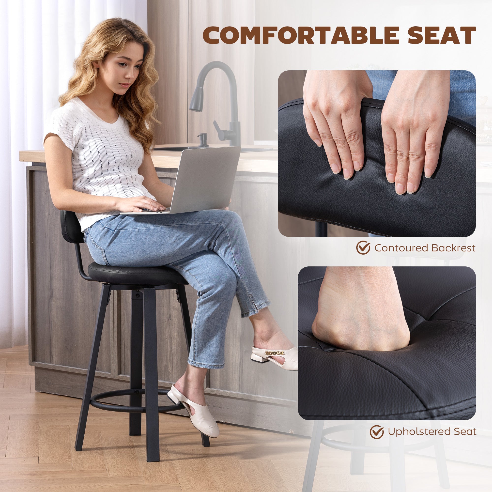 Bar Stools Set of 2, Upholstered Breakfast Bar Chairs with Footrest and Backrest for Kitchen Counter, Black-Home Furnishings > Kitchen & Dining Furniture > Bar Stools-DECOROLALA