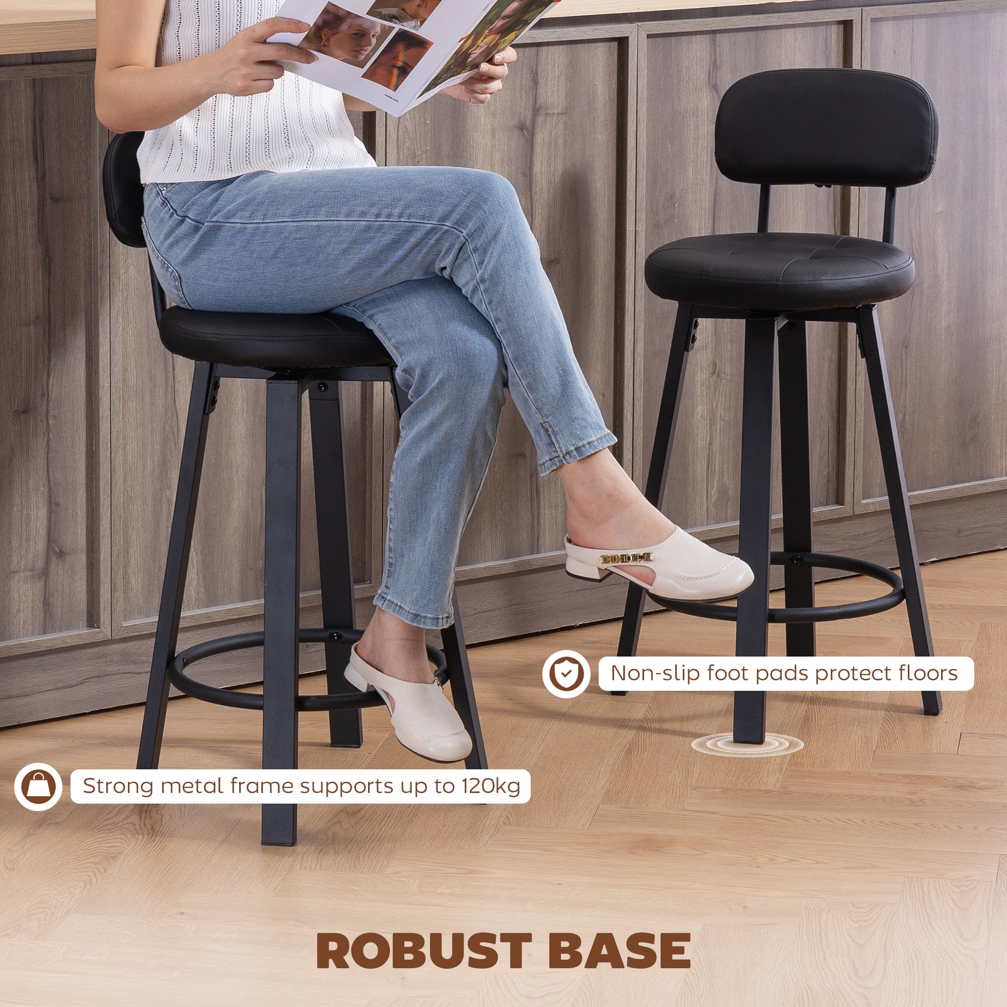 Bar Stools Set of 2, Upholstered Breakfast Bar Chairs with Footrest and Backrest for Kitchen Counter, Black-Home Furnishings > Kitchen & Dining Furniture > Bar Stools-DECOROLALA