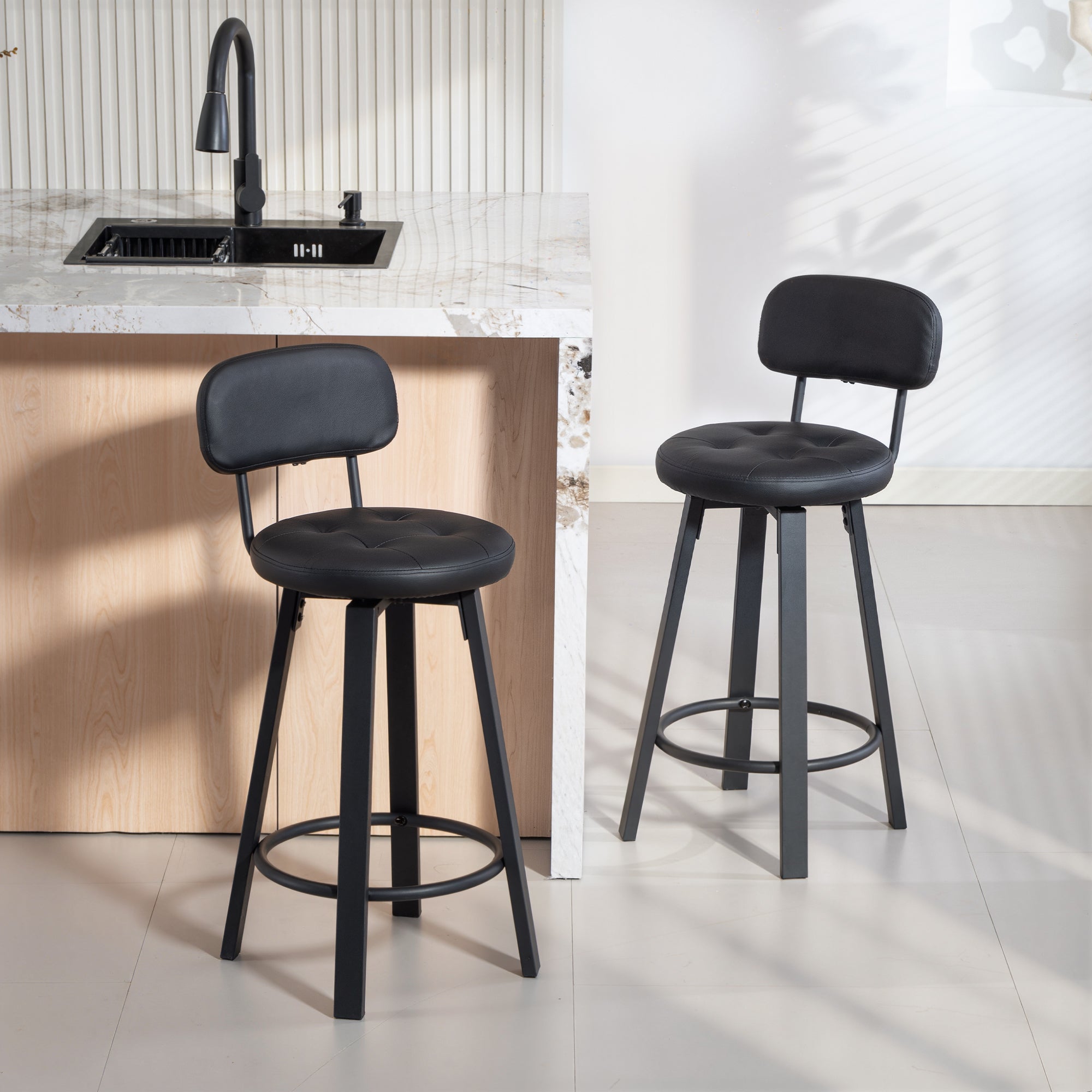 Bar Stools Set of 2, Upholstered Breakfast Bar Chairs with Footrest and Backrest for Kitchen Counter, Black-Home Furnishings > Kitchen & Dining Furniture > Bar Stools-DECOROLALA