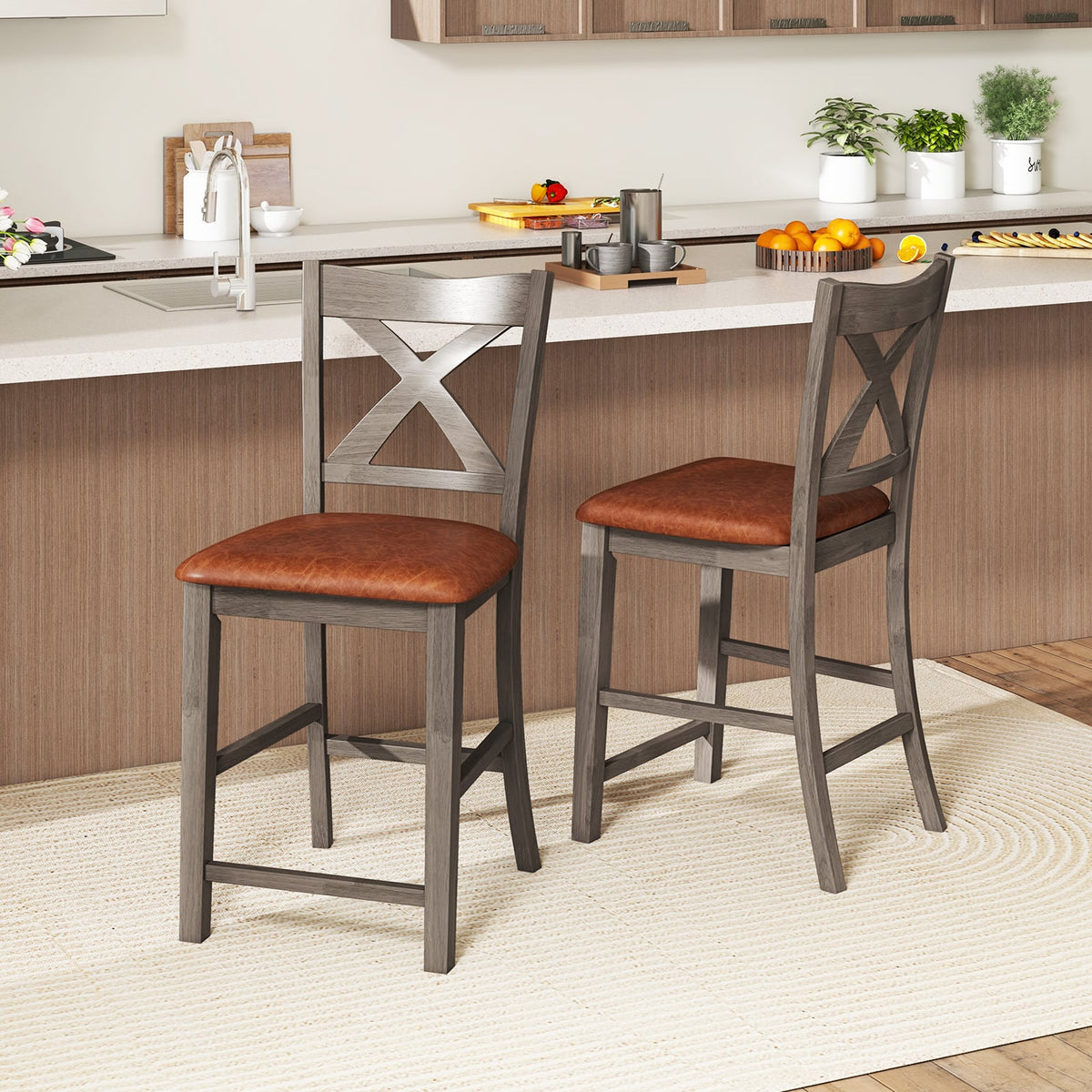 Bar Stools Set of 2 with Cross Back and Faux Leather Upholstered Seat-Gray-Bar Stools-DECOROLALA