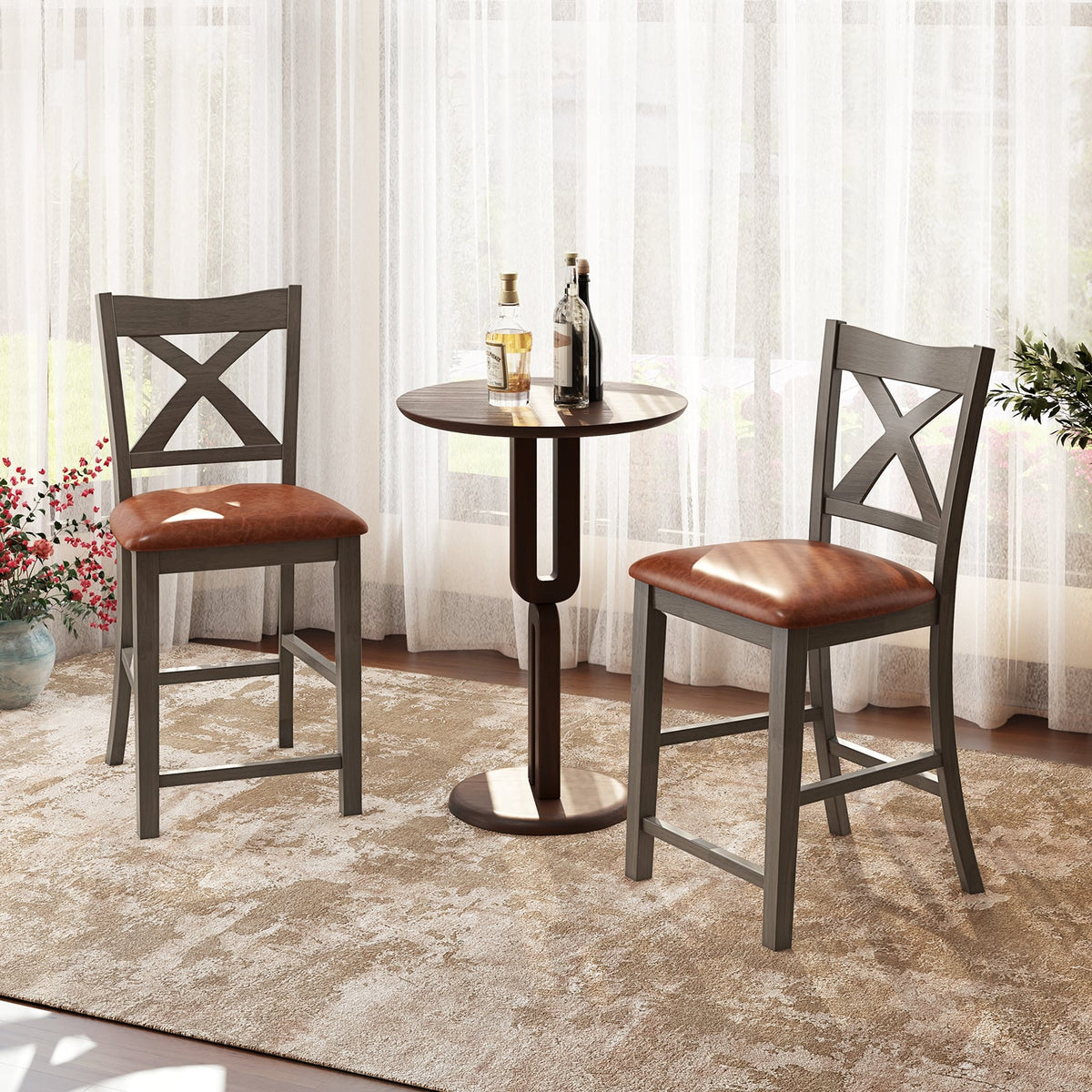 Bar Stools Set of 2 with Cross Back and Faux Leather Upholstered Seat-Gray-Bar Stools-DECOROLALA