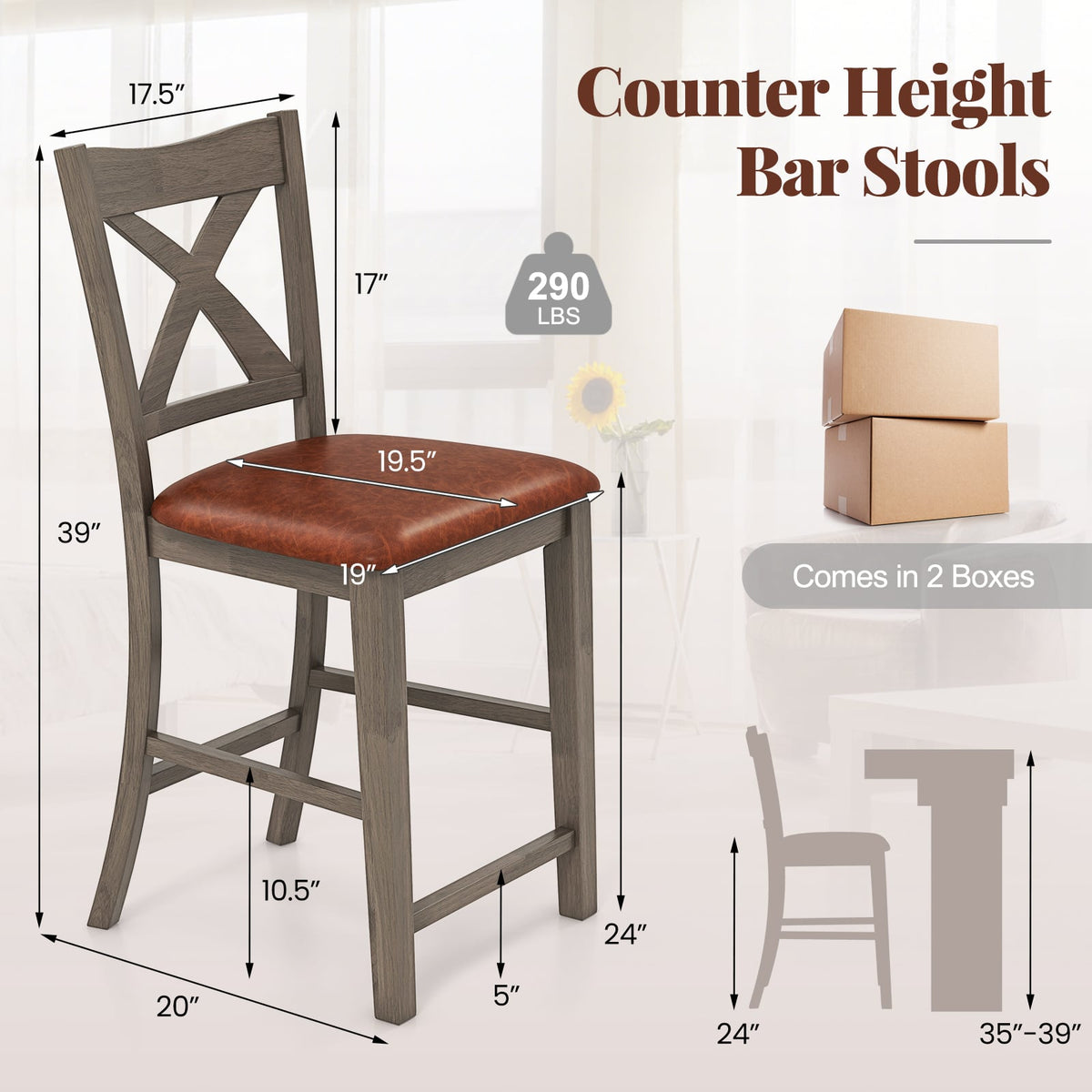 Bar Stools Set of 2 with Cross Back and Faux Leather Upholstered Seat-Gray-Bar Stools-DECOROLALA