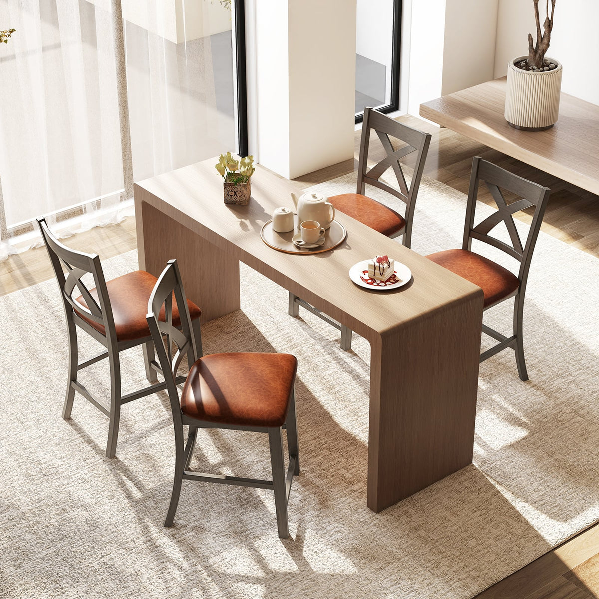 Bar Stools Set of 2 with Cross Back and Faux Leather Upholstered Seat-Gray-Bar Stools-DECOROLALA