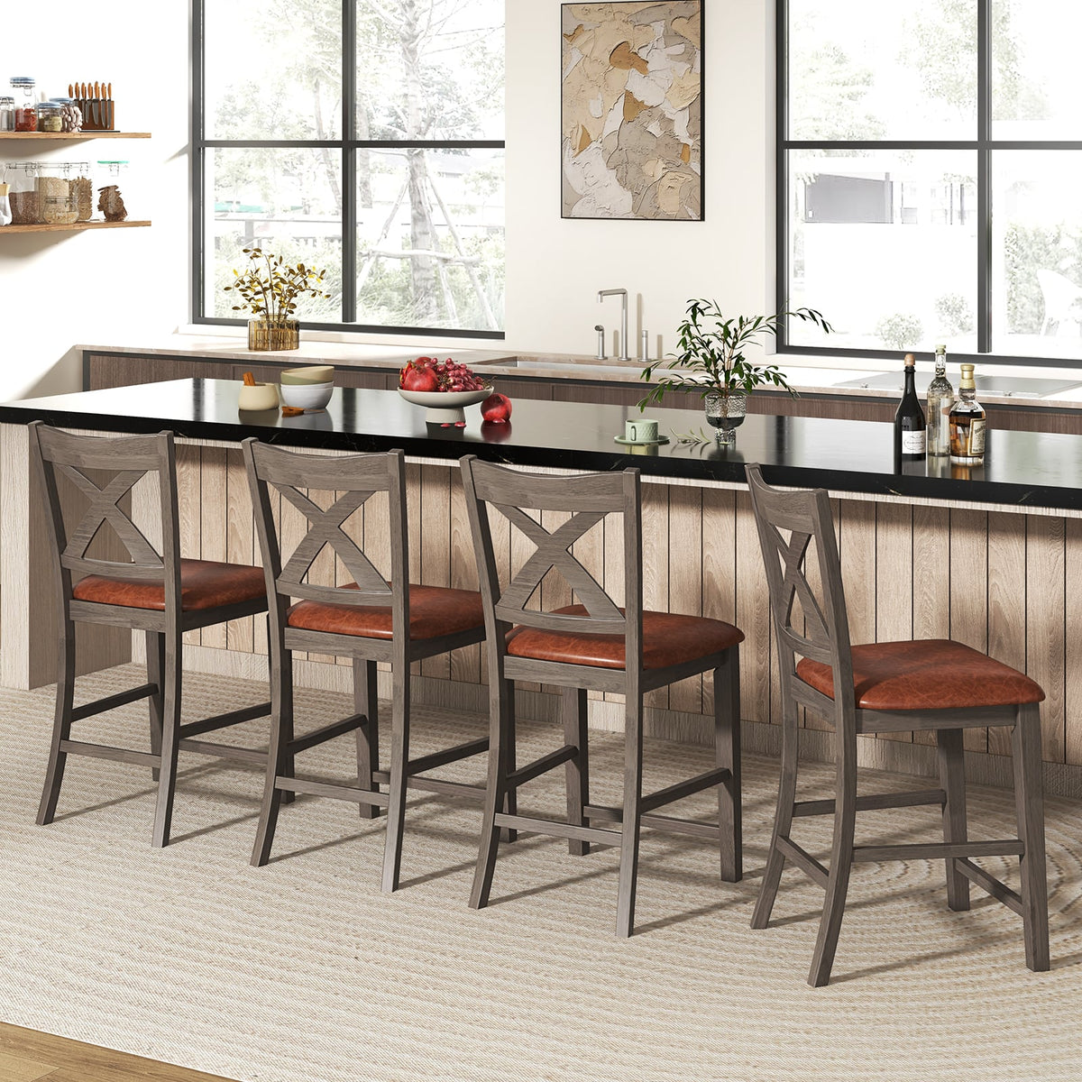 Bar Stools Set of 2 with Cross Back and Faux Leather Upholstered Seat-Gray-Bar Stools-DECOROLALA