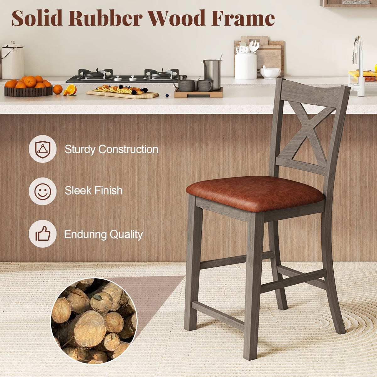 Bar Stools Set of 2 with Cross Back and Faux Leather Upholstered Seat-Gray-Bar Stools-DECOROLALA