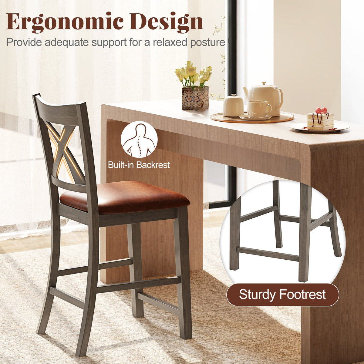 Bar Stools Set of 2 with Cross Back and Faux Leather Upholstered Seat-Gray-Bar Stools-DECOROLALA