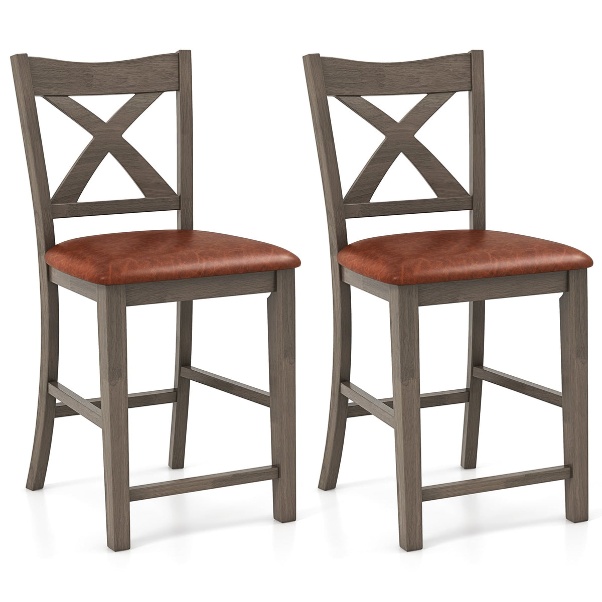 Bar Stools Set of 2 with Cross Back and Faux Leather Upholstered Seat-Gray-Bar Stools-DECOROLALA