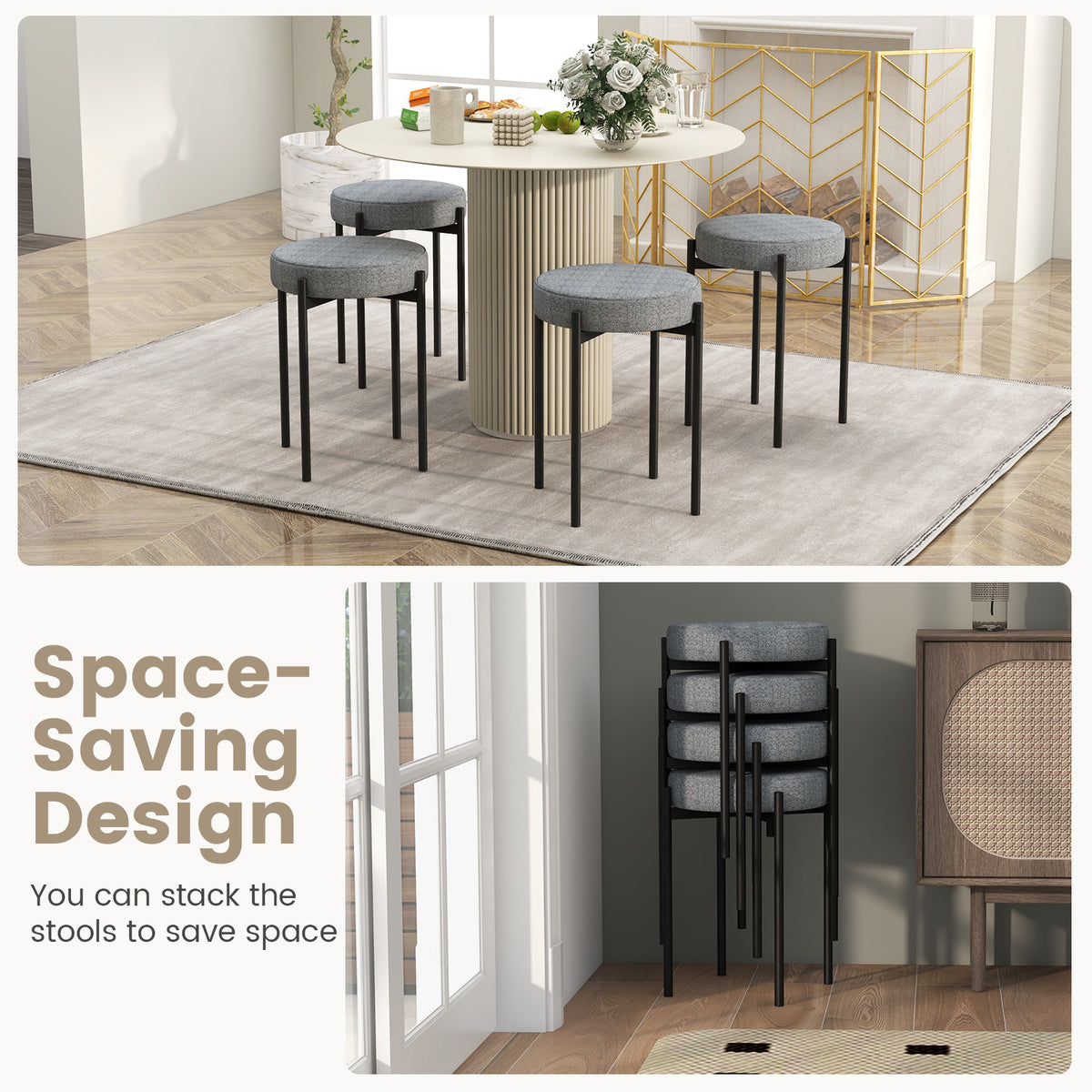 Bar Stools Set of 4 Upholstered Kitchen Stools with Foot Pads-Light Gray-Bar Stools-DECOROLALA