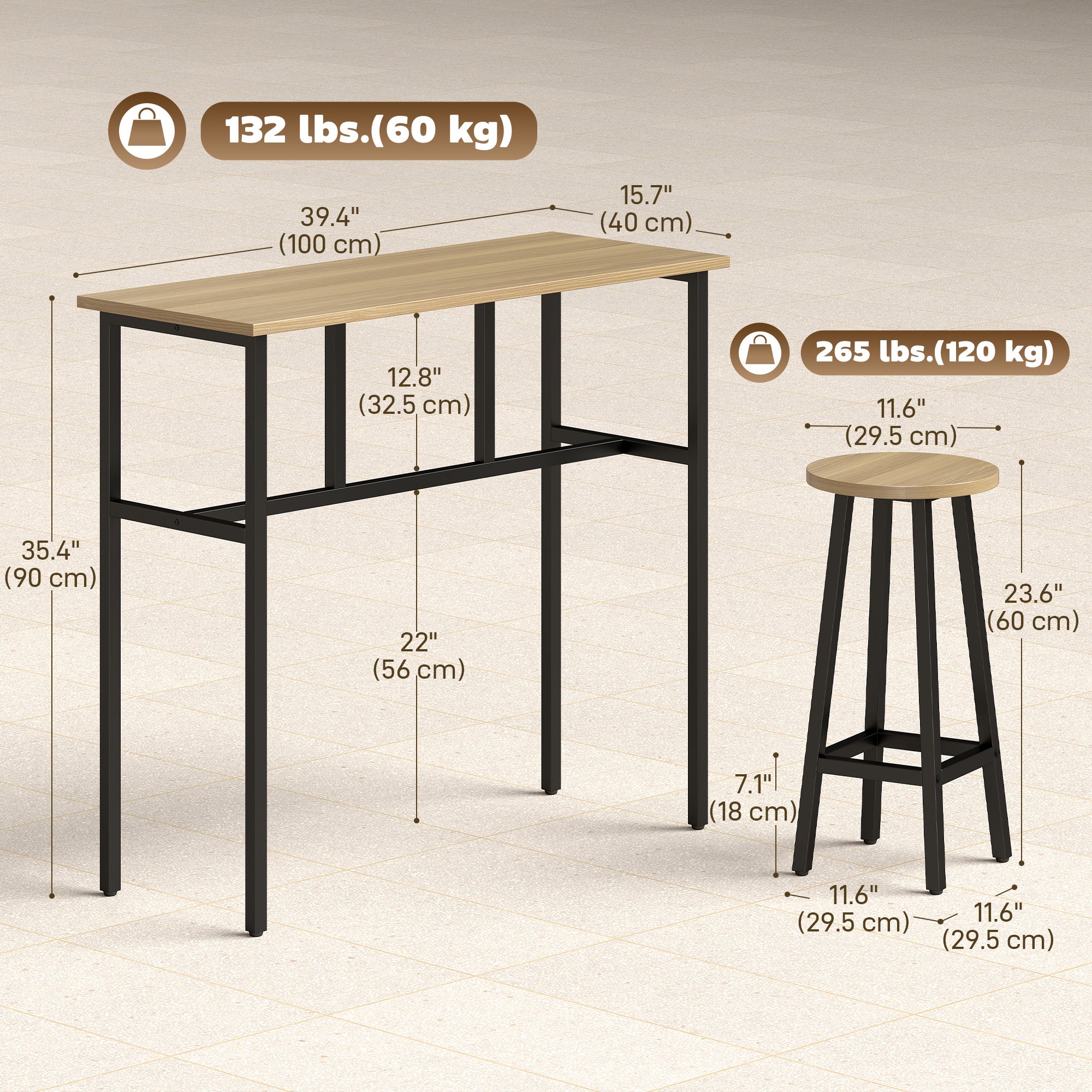 Bar Table Set 6-Piece, Grey-Brown, 2 Tables & 4 Stools, Dining Room-DECOROLALA