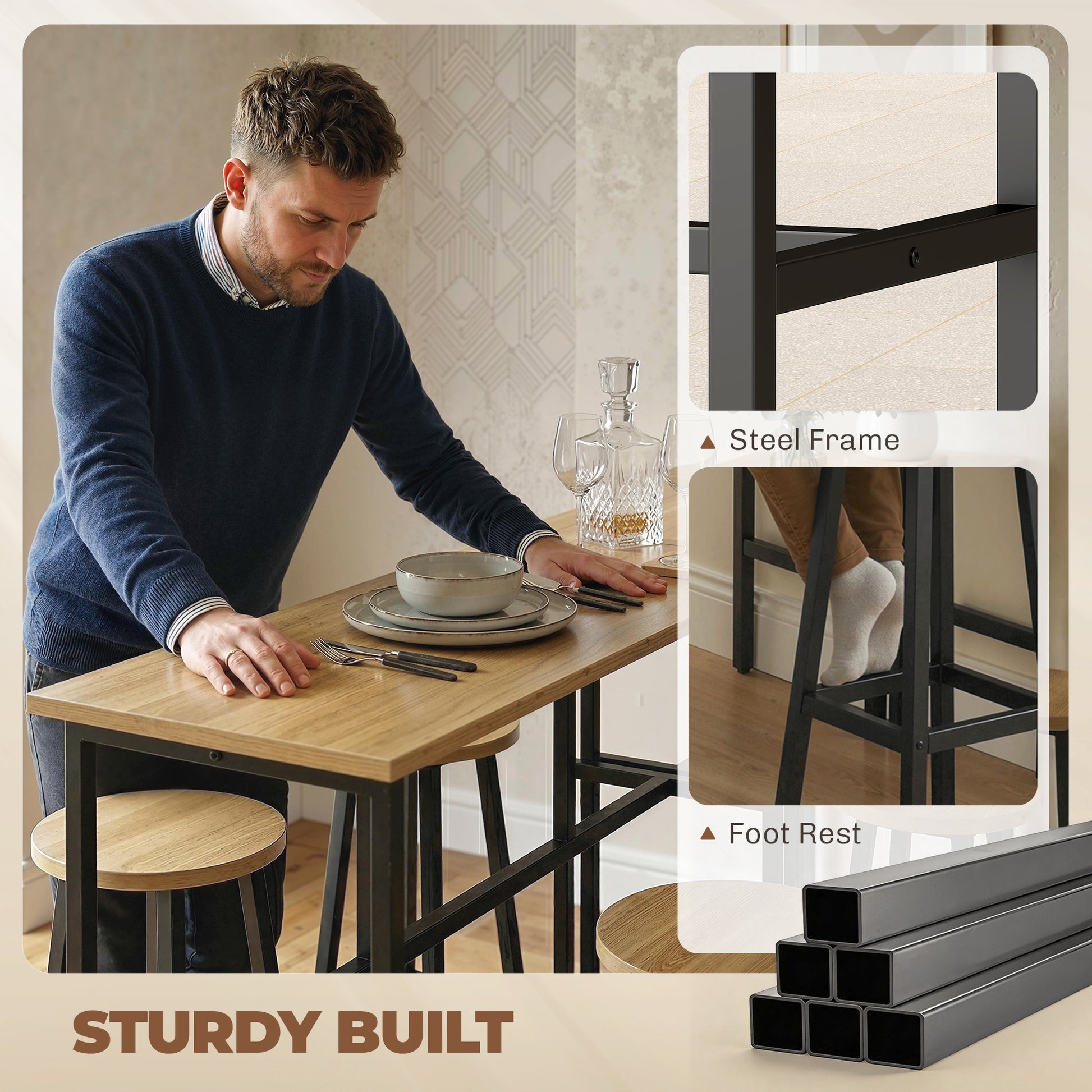 Bar Table Set 6-Piece, Grey-Brown, 2 Tables & 4 Stools, Dining Room-DECOROLALA