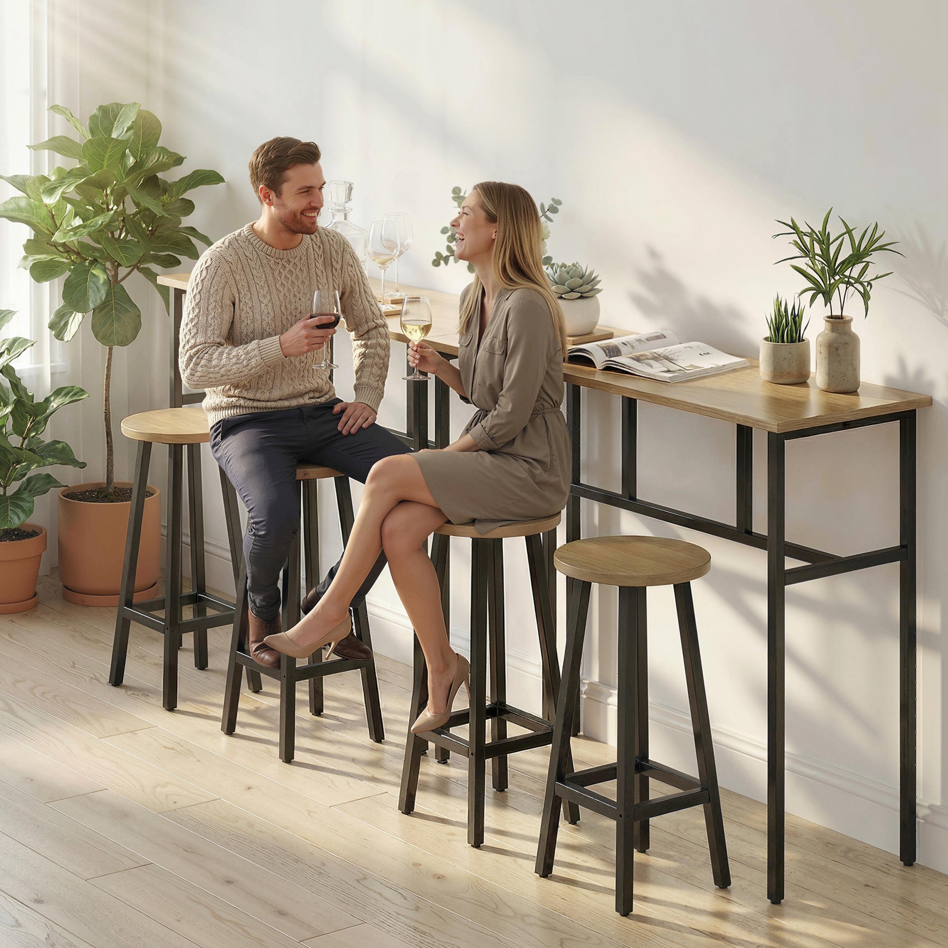 Bar Table Set 6-Piece, Grey-Brown, 2 Tables & 4 Stools, Dining Room-DECOROLALA