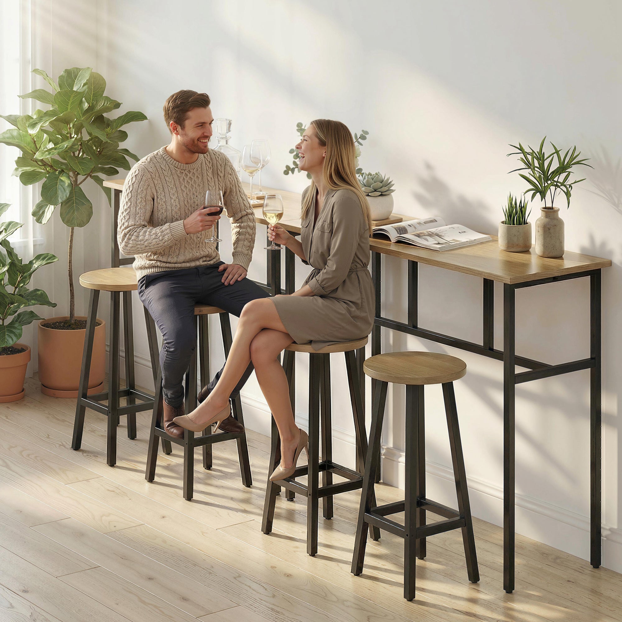 Bar Table Set 6-Piece, Grey-Brown, 2 Tables & 4 Stools, Dining Room-DECOROLALA