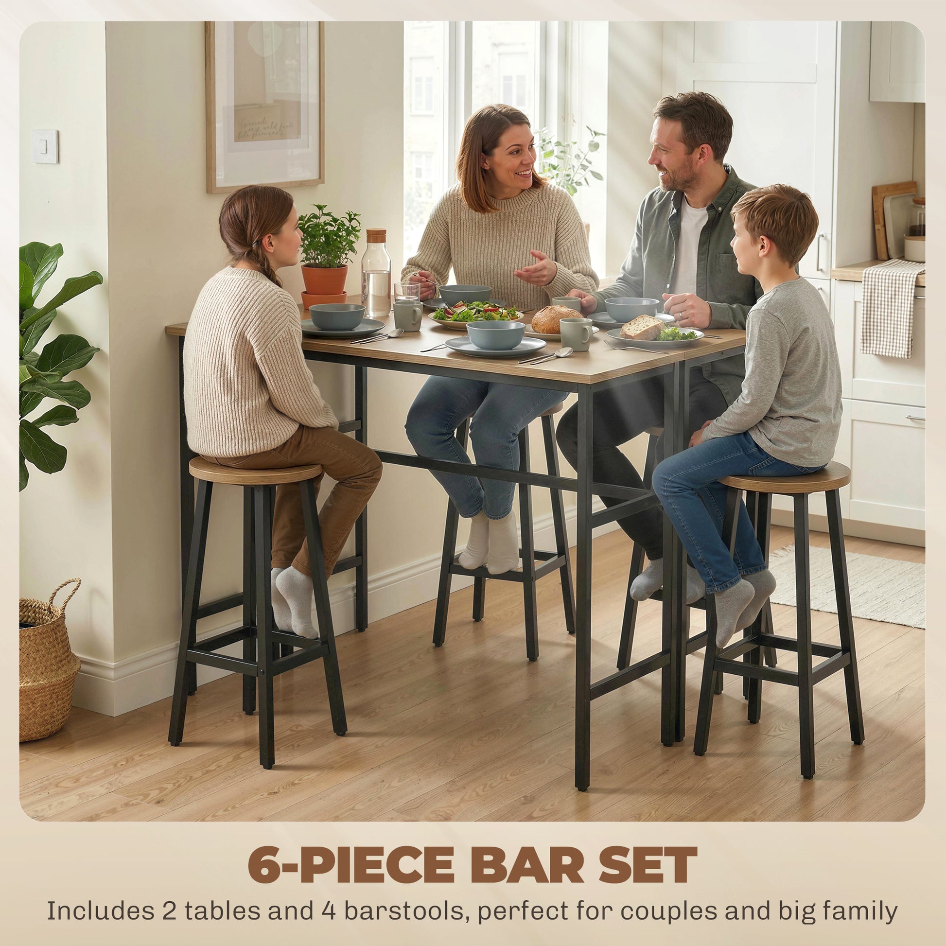 Bar Table Set 6-Piece, Grey-Brown, 2 Tables & 4 Stools, Dining Room-DECOROLALA