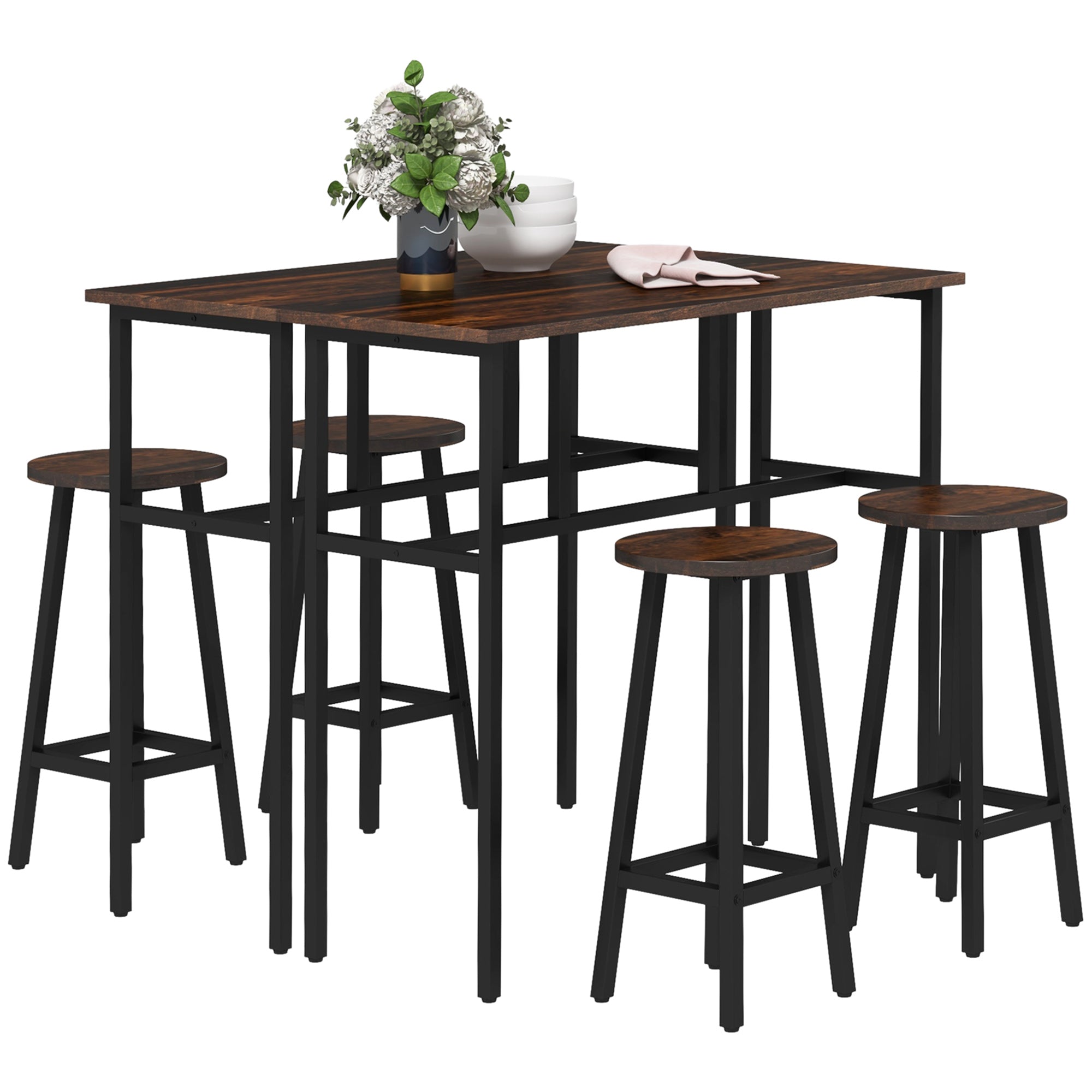 Bar Table Set 6-Piece Rustic Brown - 4 Tables & 4 Stools for Living Room-DECOROLALA