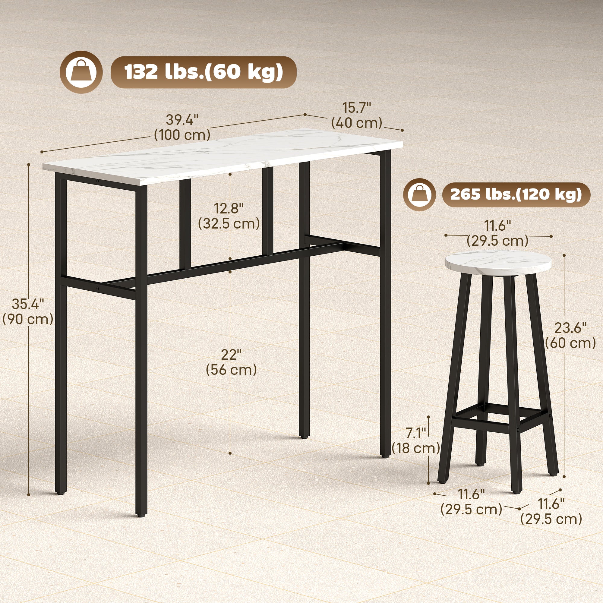 Bar Table Set of 6, White Marble, 2 Tables & 4 Stools, Easy Assembly-DECOROLALA