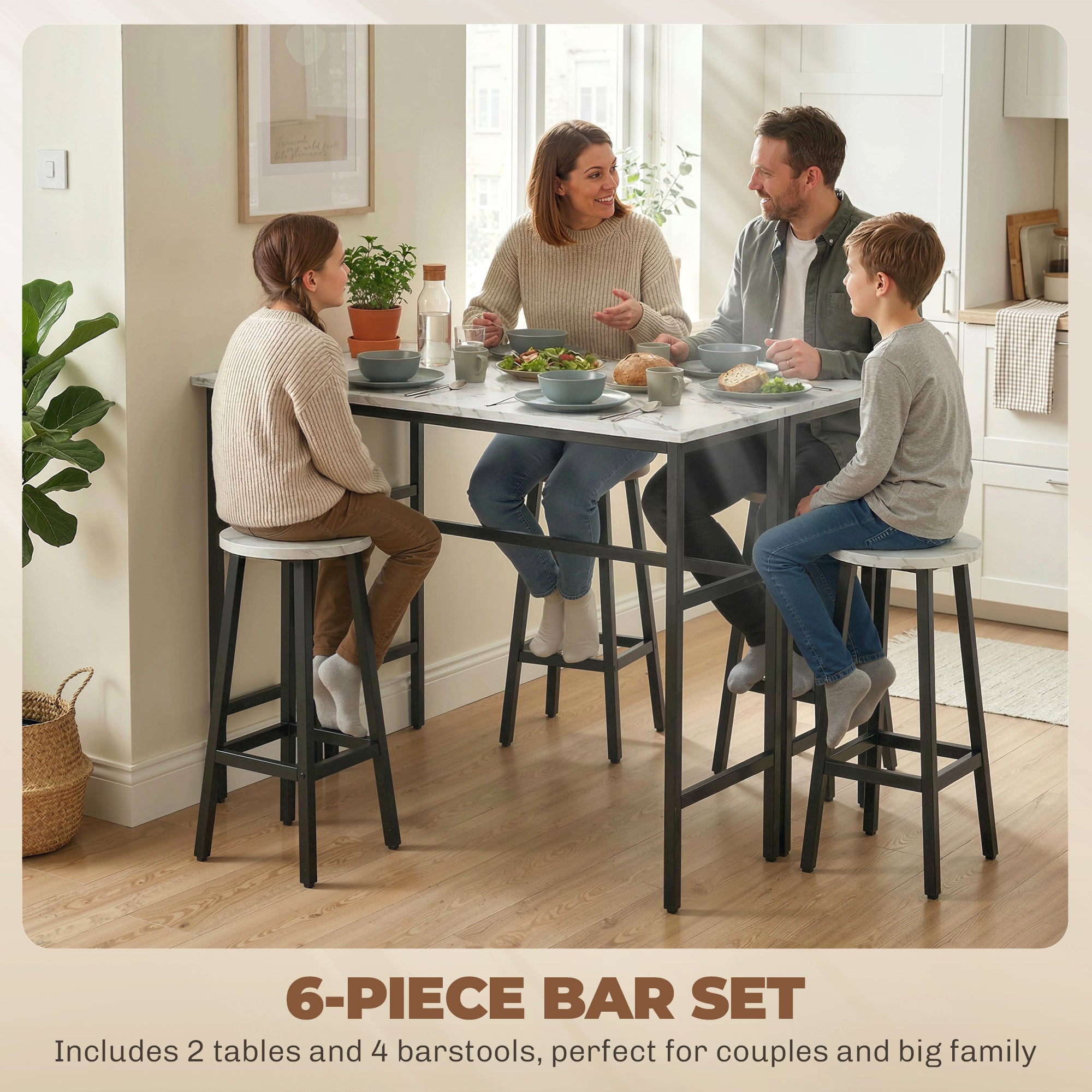 Bar Table Set of 6, White Marble, 2 Tables & 4 Stools, Easy Assembly-DECOROLALA