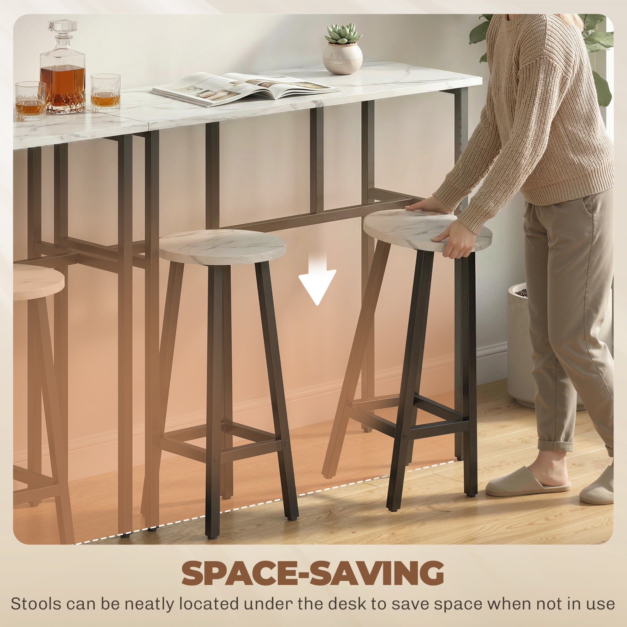 Bar Table Set of 6, White Marble, 2 Tables & 4 Stools, Easy Assembly-DECOROLALA