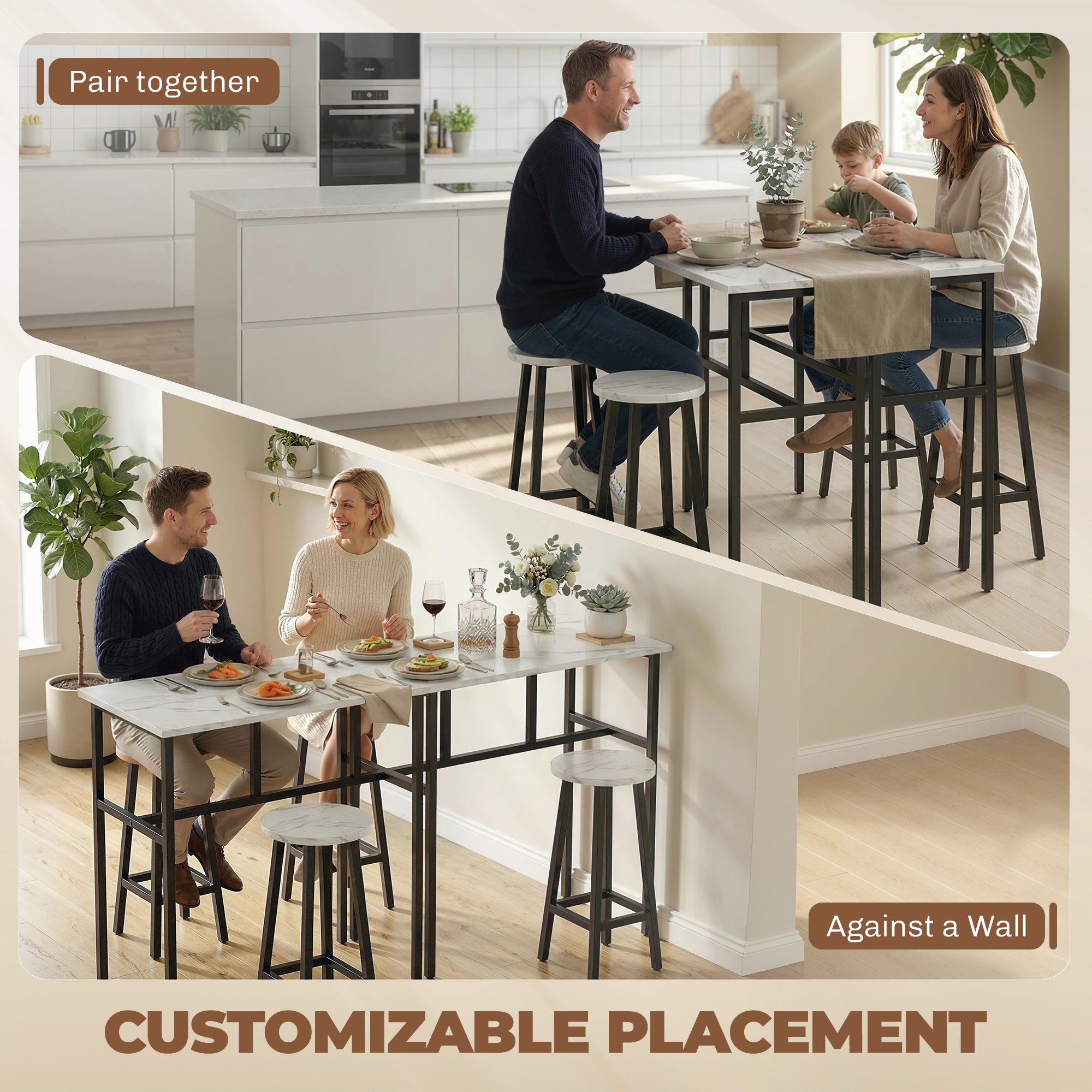 Bar Table Set of 6, White Marble, 2 Tables & 4 Stools, Easy Assembly-DECOROLALA