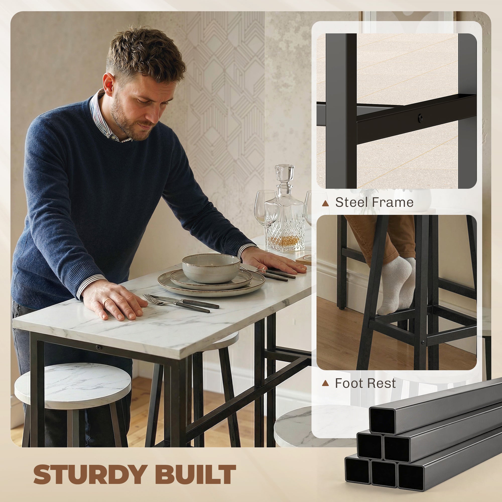 Bar Table Set of 6, White Marble, 2 Tables & 4 Stools, Easy Assembly-DECOROLALA