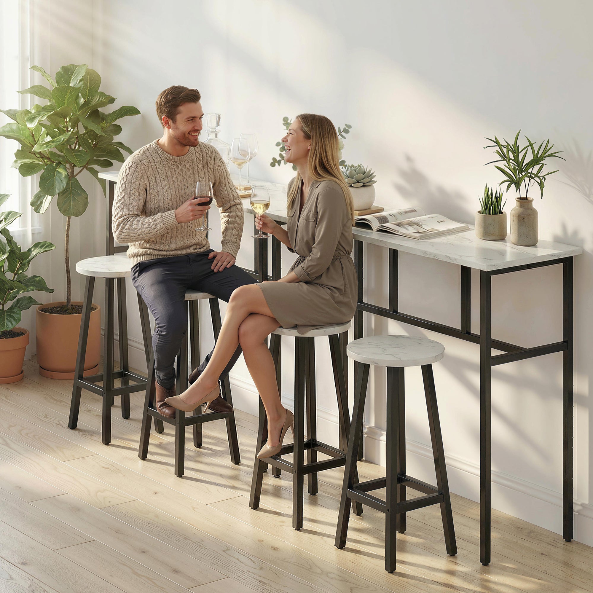 Bar Table Set of 6, White Marble, 2 Tables & 4 Stools, Easy Assembly-DECOROLALA