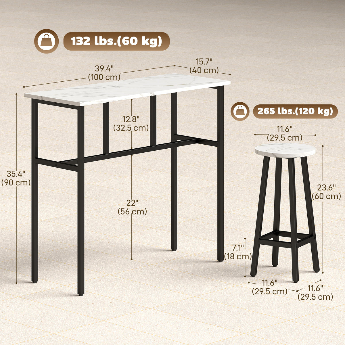 Bar Table Set of 6, White Marble, 2 Tables & 4 Stools, Easy Assembly-Bar Table Sets-DECOROLALA
