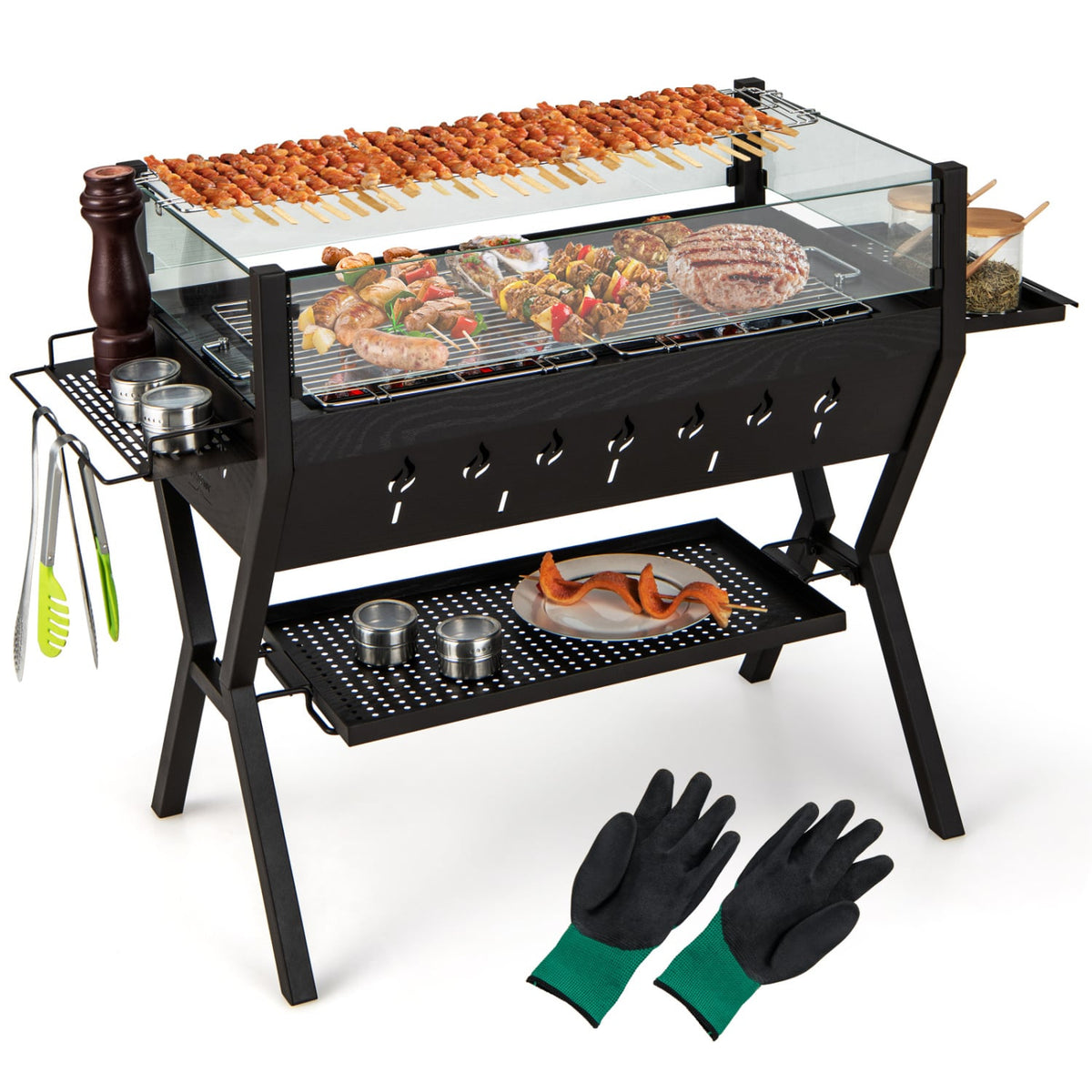 Barbecue Charcoal Grills with Wind Guard Seasoning Racks-Black-Outdoor Grills-DECOROLALA
