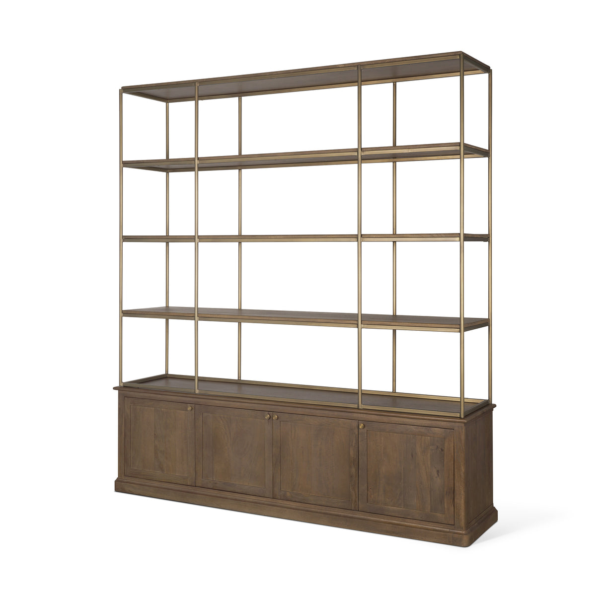 Baron 4-Door Dark Brown Wood w/ Antique Brass Metal Open Shelving Unit-Shelving-DECOROLALA