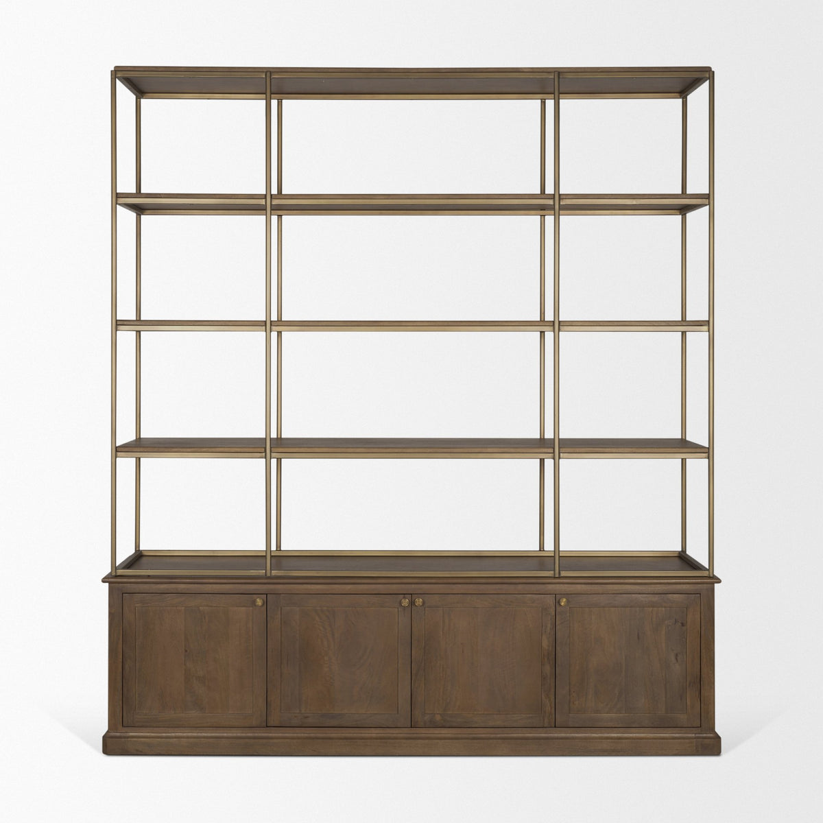 Baron 4-Door Dark Brown Wood w/ Antique Brass Metal Open Shelving Unit-Shelving-DECOROLALA