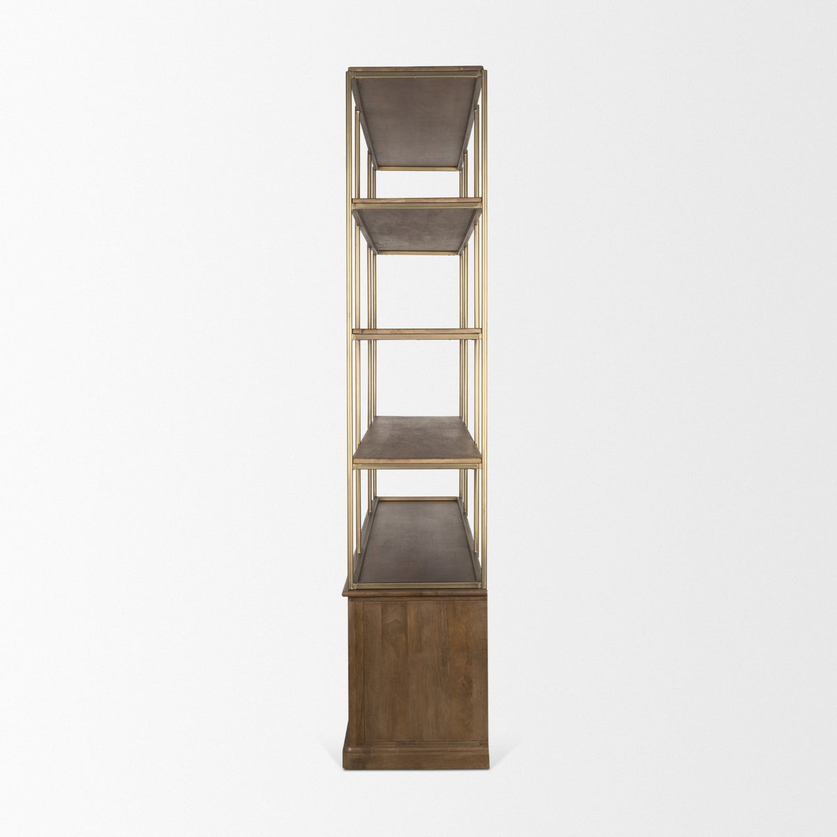 Baron 4-Door Dark Brown Wood w/ Antique Brass Metal Open Shelving Unit-Shelving-DECOROLALA