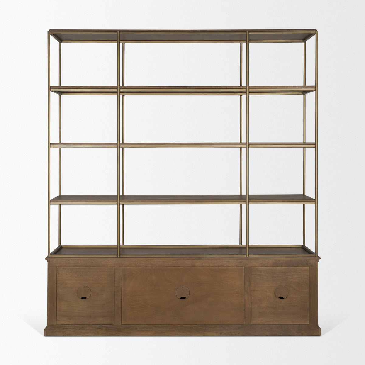 Baron 4-Door Dark Brown Wood w/ Antique Brass Metal Open Shelving Unit-Shelving-DECOROLALA