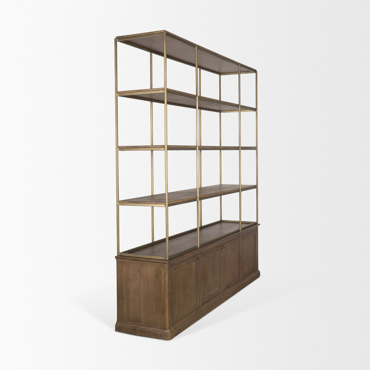 Baron 4-Door Dark Brown Wood w/ Antique Brass Metal Open Shelving Unit-Shelving-DECOROLALA