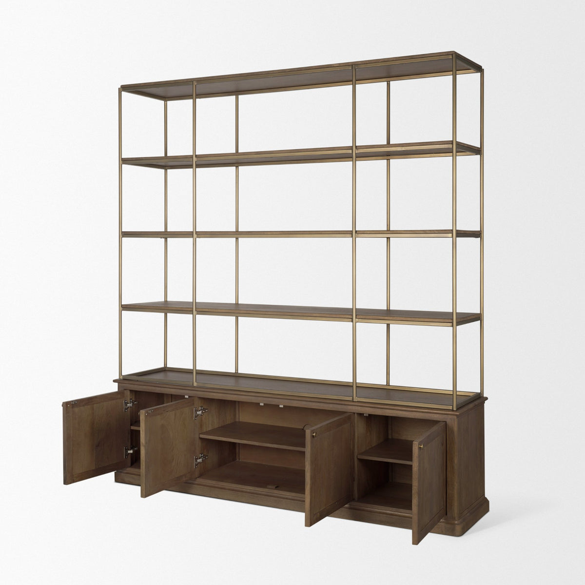 Baron 4-Door Dark Brown Wood w/ Antique Brass Metal Open Shelving Unit-Shelving-DECOROLALA
