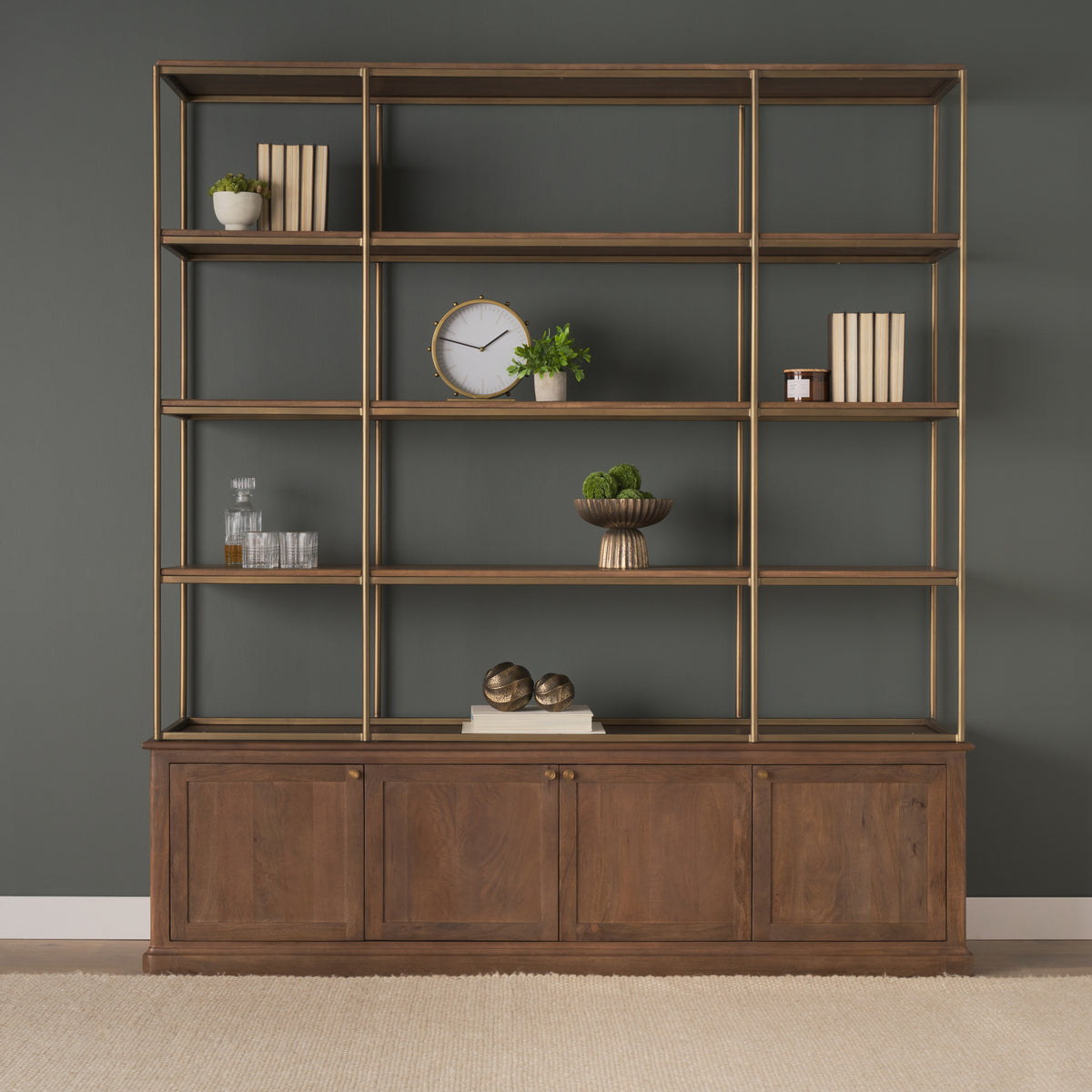 Baron 4-Door Dark Brown Wood w/ Antique Brass Metal Open Shelving Unit-Shelving-DECOROLALA