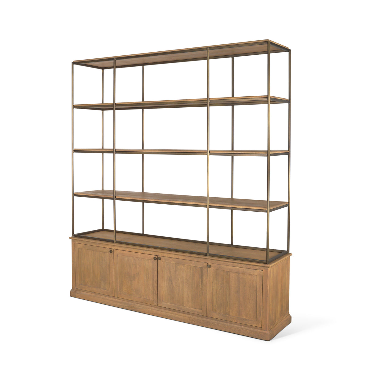 Baron 4-Door Light Brown Wood w/ Gunmetal Open Shelving Unit-Shelving-DECOROLALA